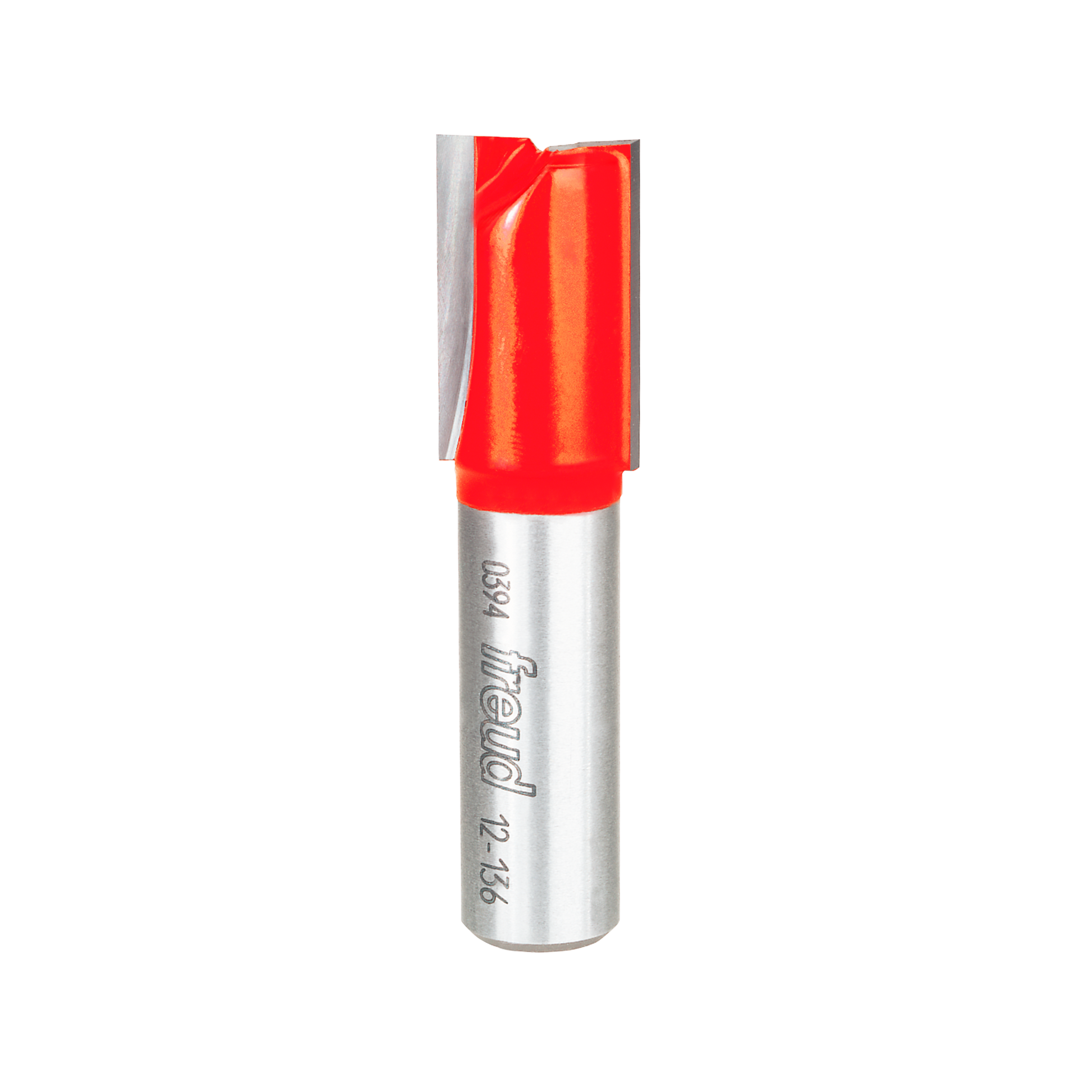 Red and silver double flute straight router bit with metal shank and engraved markings.