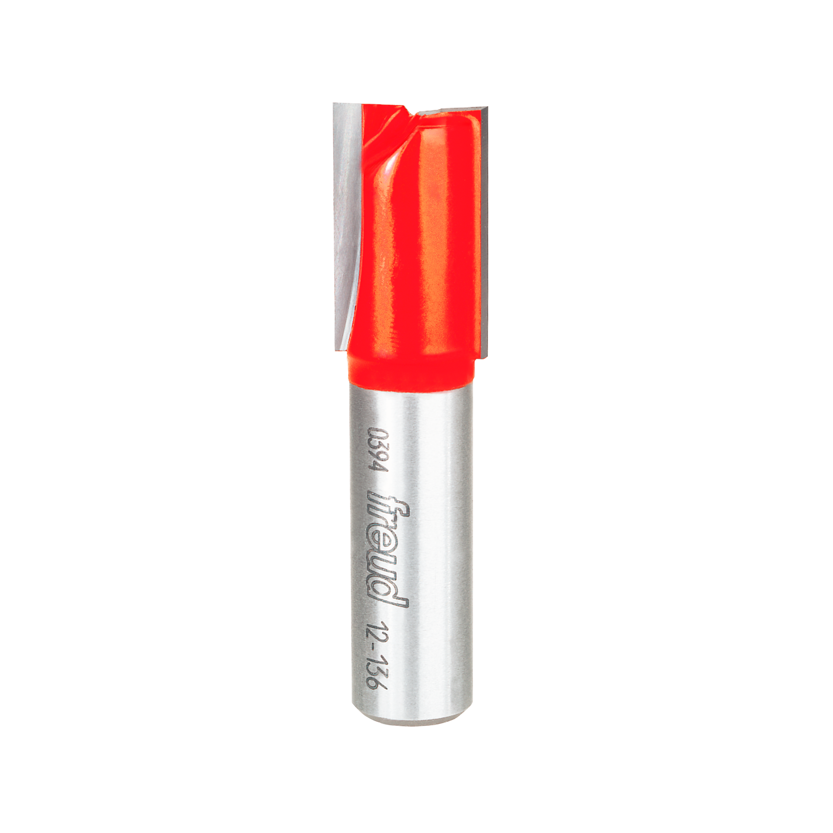Red and silver double flute straight router bit with metal shank and engraved markings.
