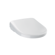 Cotton white electronic bidet toilet seat with rounded shape and closed lid.