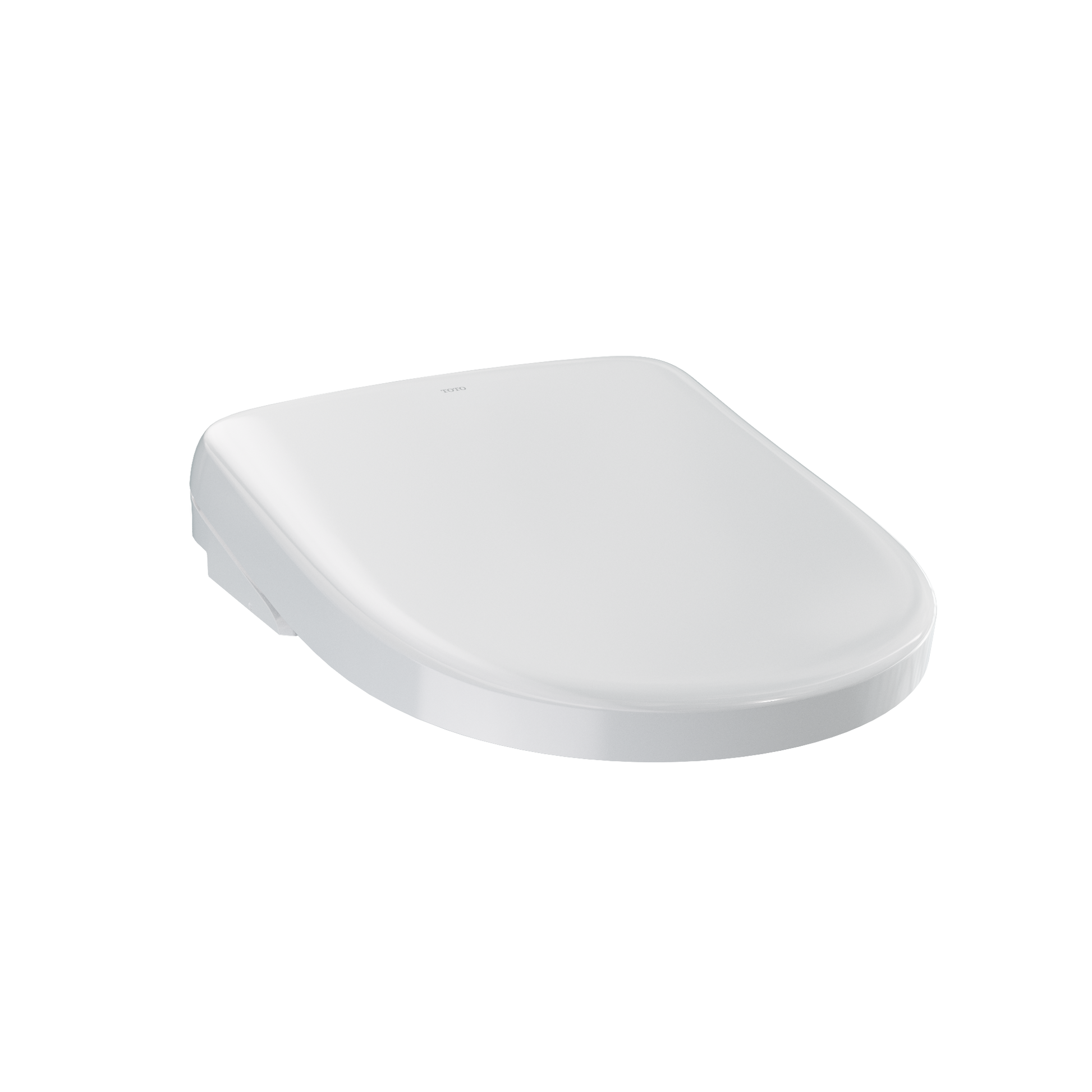 Cotton white electronic bidet toilet seat with rounded shape and closed lid.