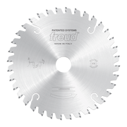 Freud conical scoring saw blade with multiple teeth and center hole, marked with Freud logo and made in Italy.