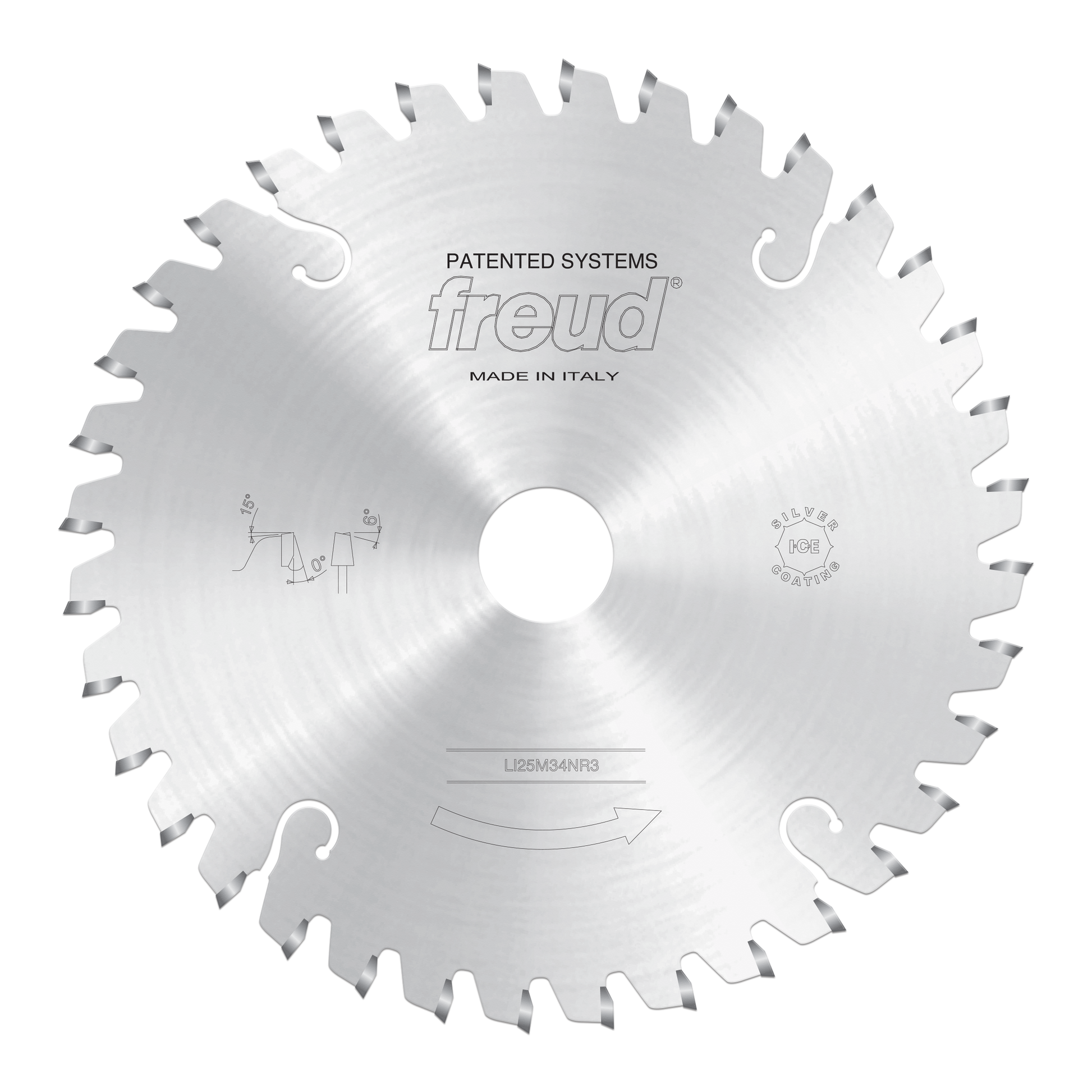 Freud conical scoring saw blade with multiple teeth and center hole, marked with Freud logo and made in Italy.
