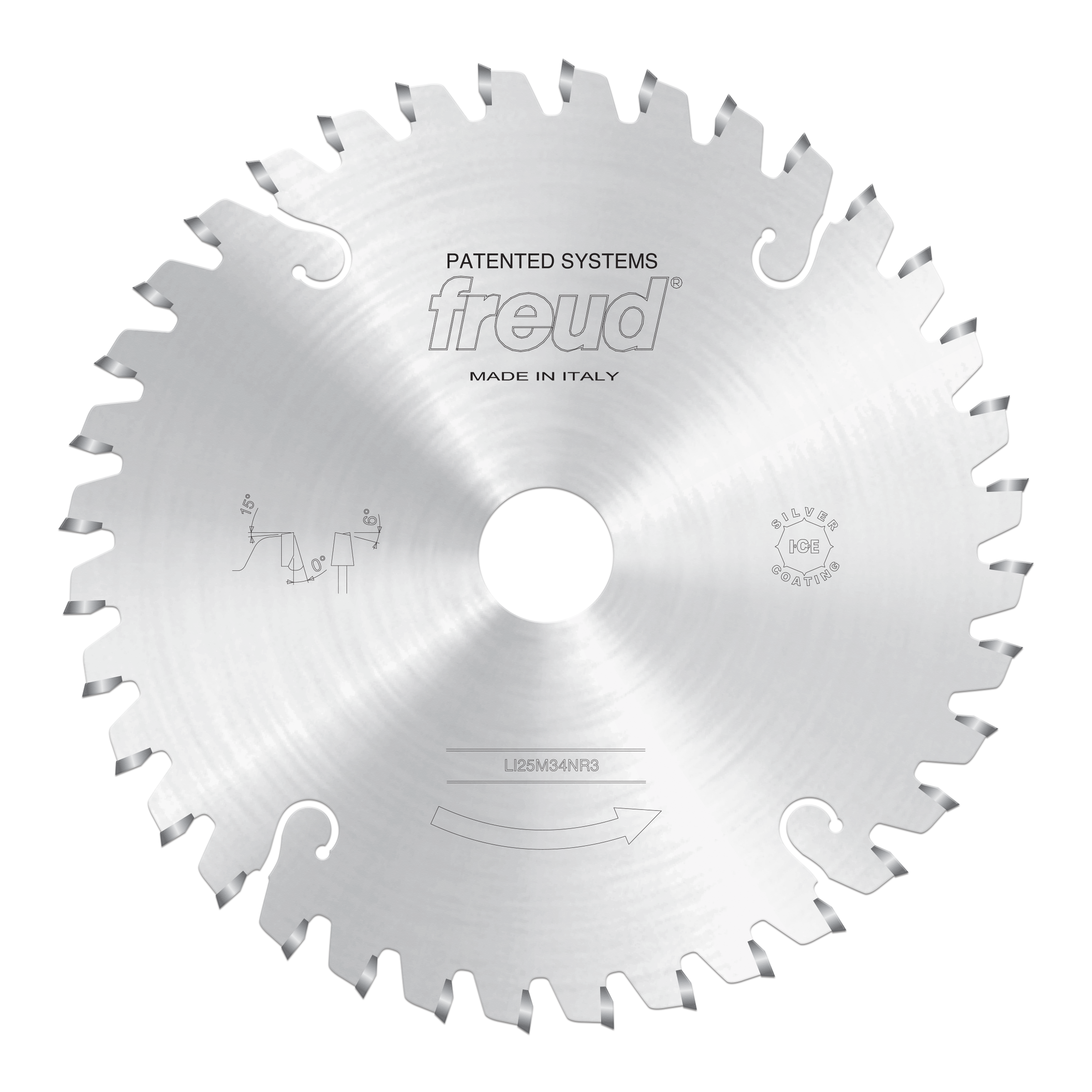 Freud conical scoring saw blade with multiple teeth and center hole, marked with Freud logo and made in Italy.