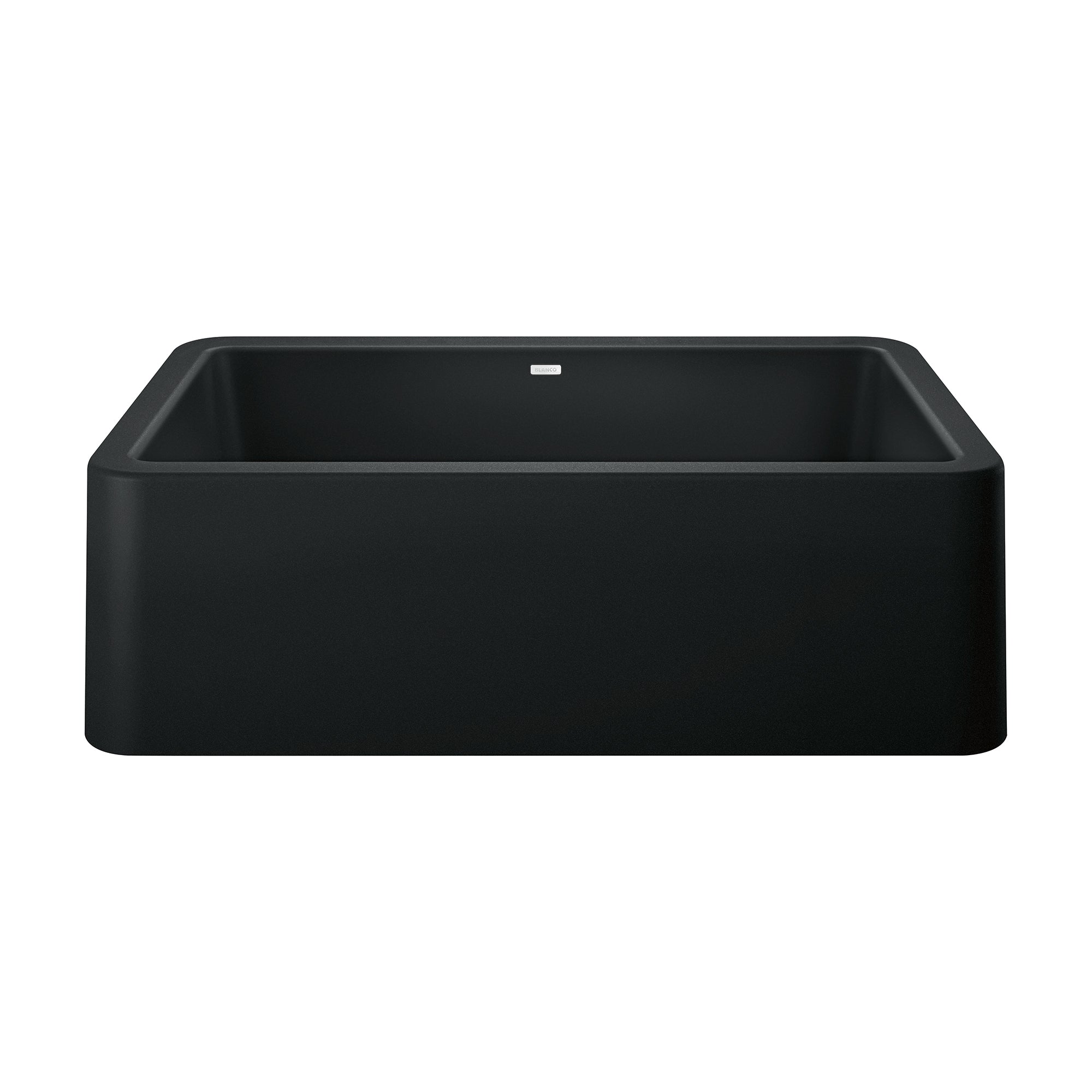 Coal black single bowl farmhouse sink with apron front and rounded corners, viewed from above.