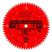 Red circular saw blade with 60 teeth, 10-inch diameter, 5/8-inch arbor, labeled "Freud Industrial" for sliding miter saws.