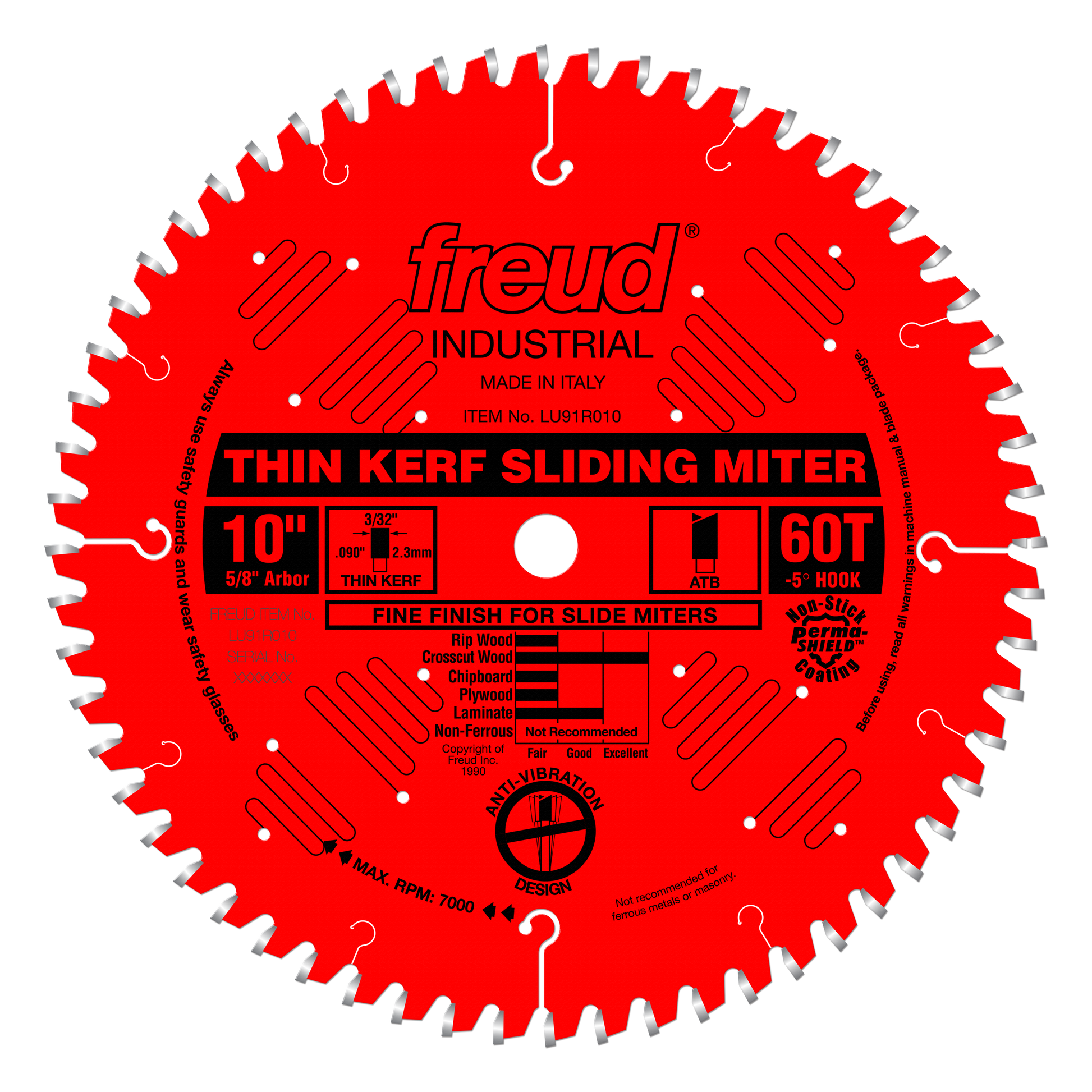 Red circular saw blade with 60 teeth, 10-inch diameter, 5/8-inch arbor, labeled "Freud Industrial" for sliding miter saws.