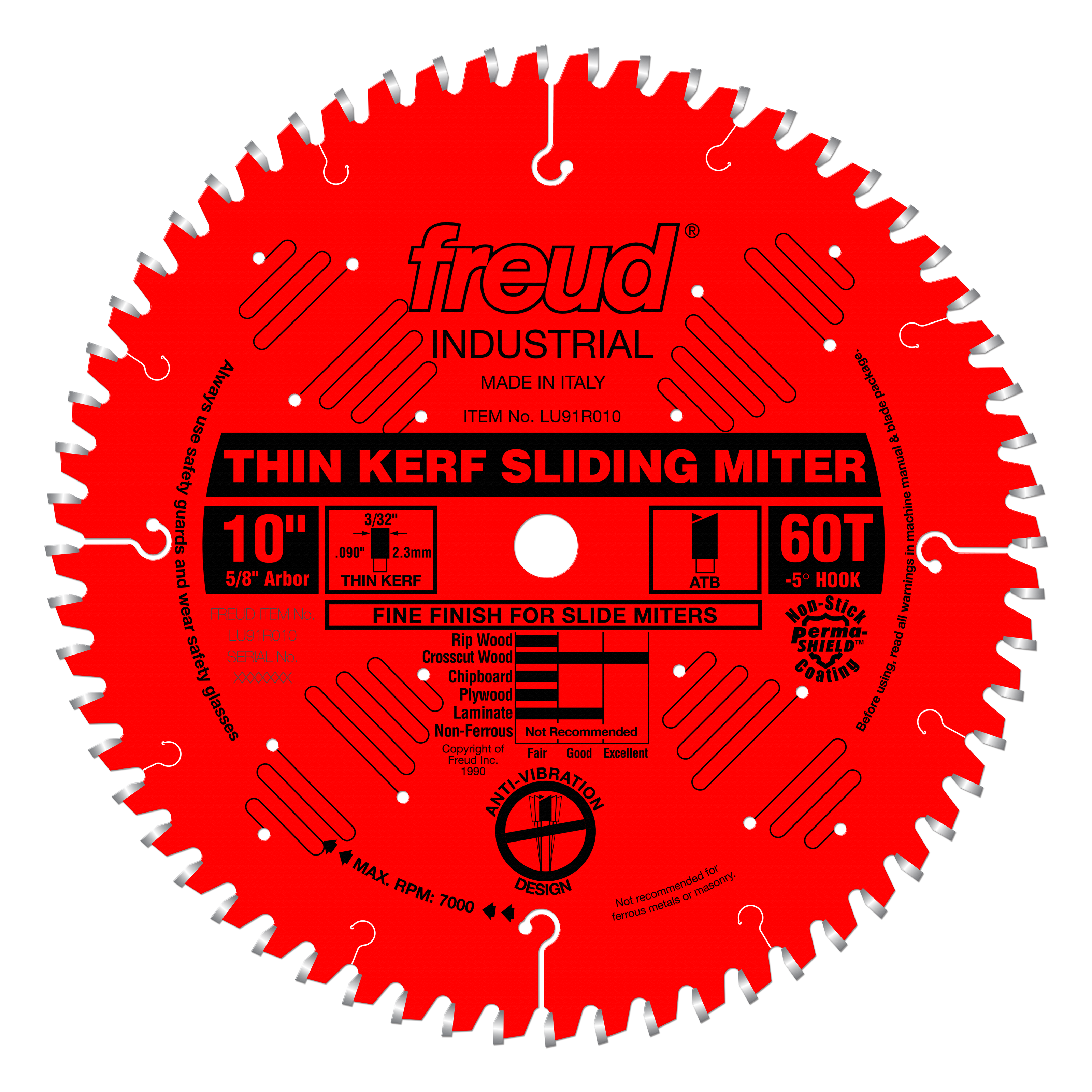 Red circular saw blade with 60 teeth, 10-inch diameter, 5/8-inch arbor, labeled "Freud Industrial" for sliding miter saws.