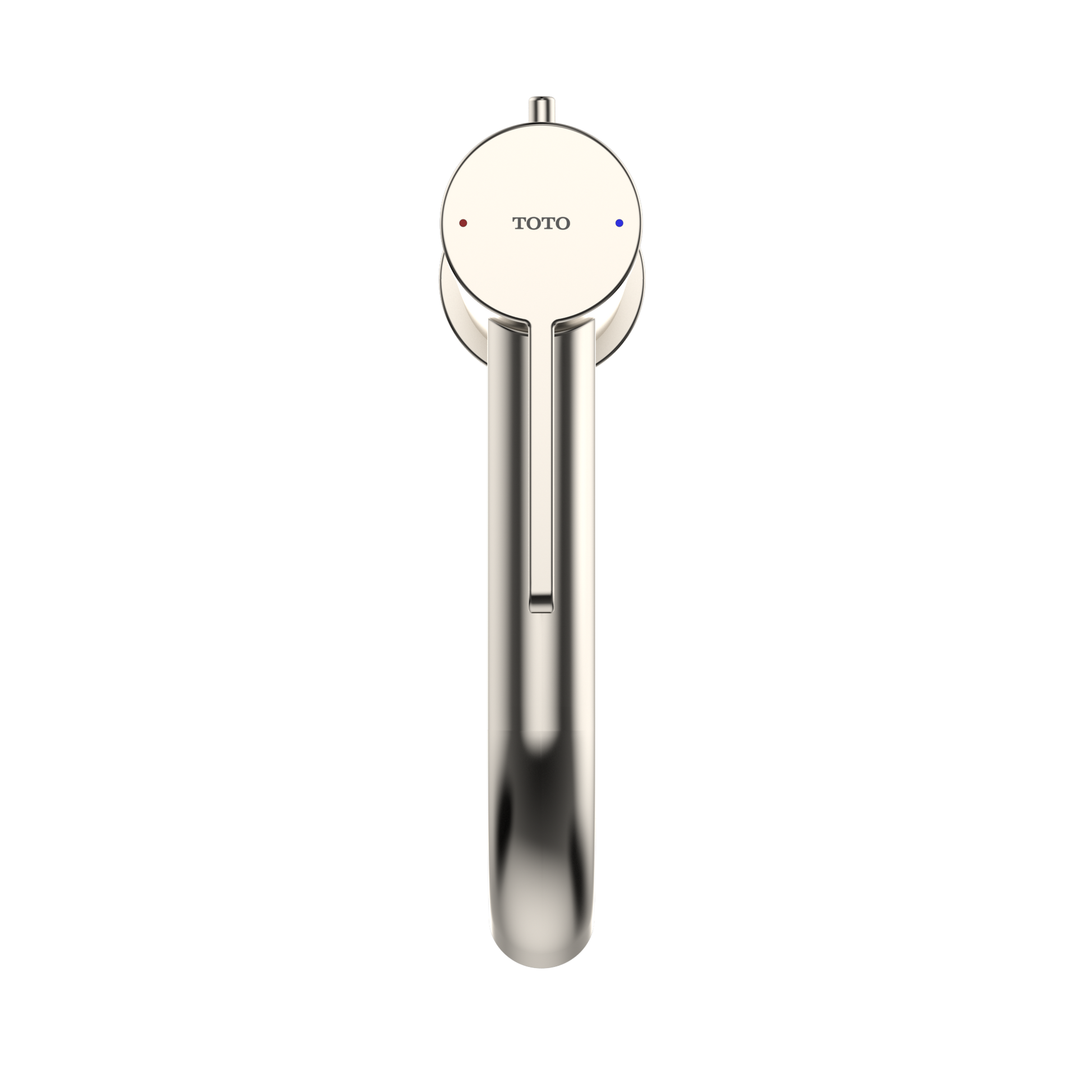 Polished nickel single-handle bathroom faucet with round cream-colored cap and curved spout.