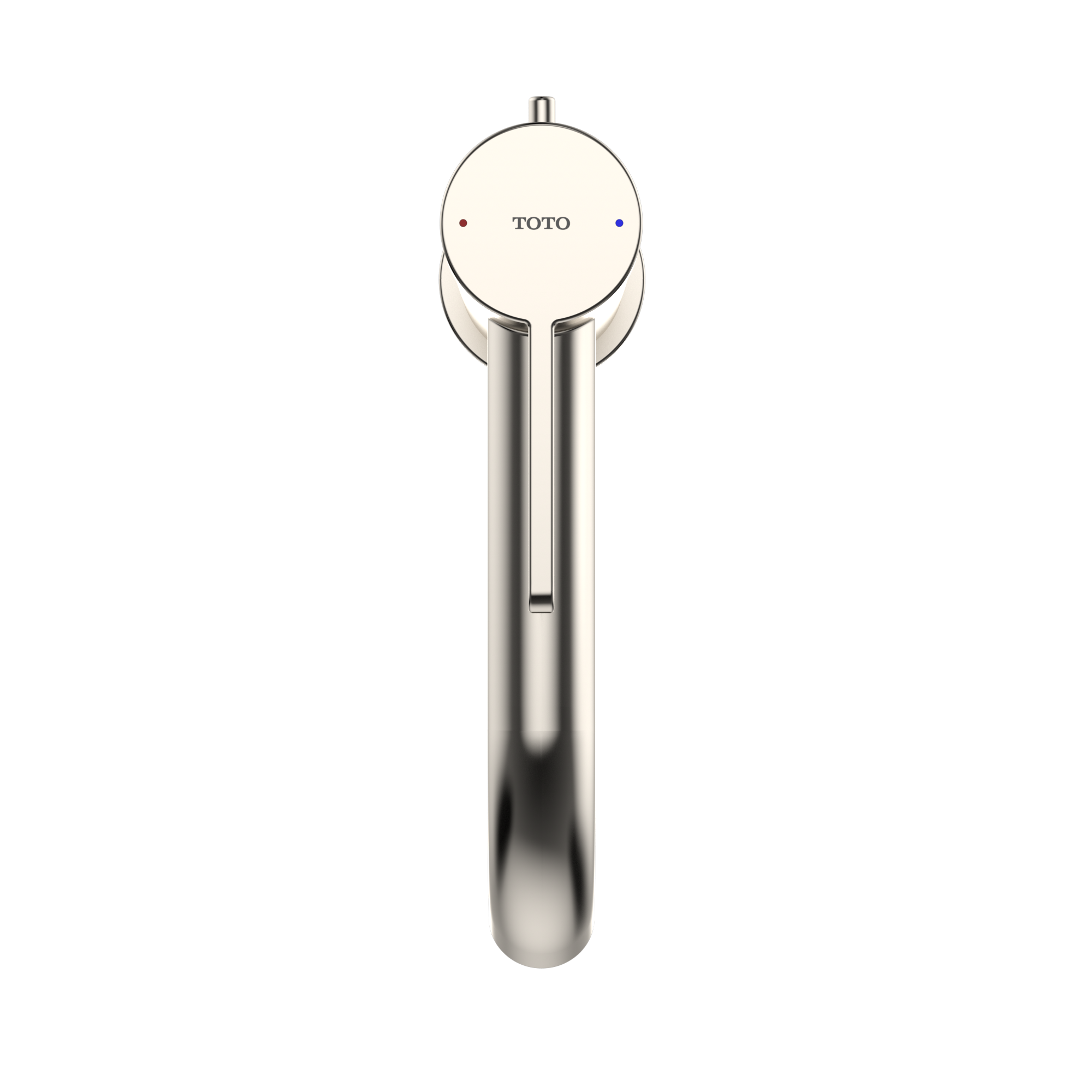Polished nickel single-handle bathroom faucet with round cream-colored cap and curved spout.
