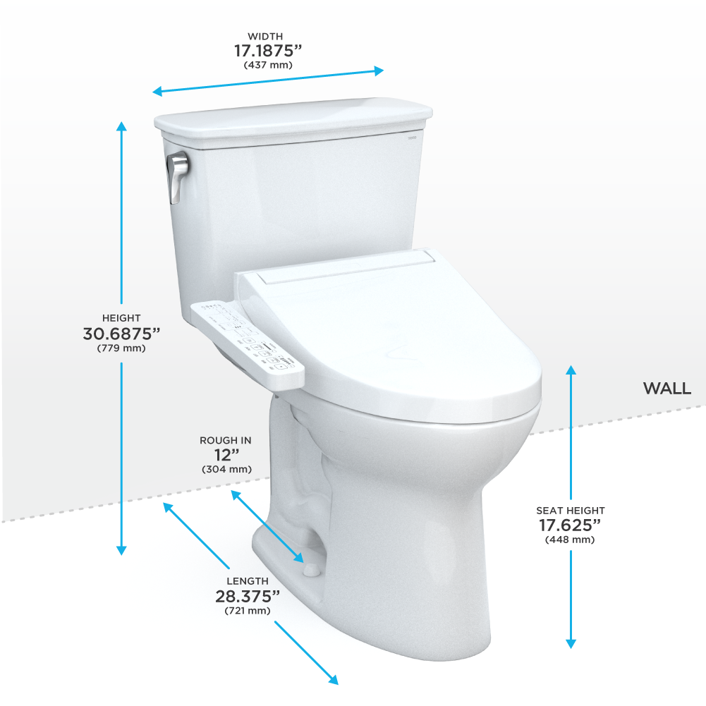 Cotton white two-piece elongated toilet with attached bidet seat and dimension measurements labeled.