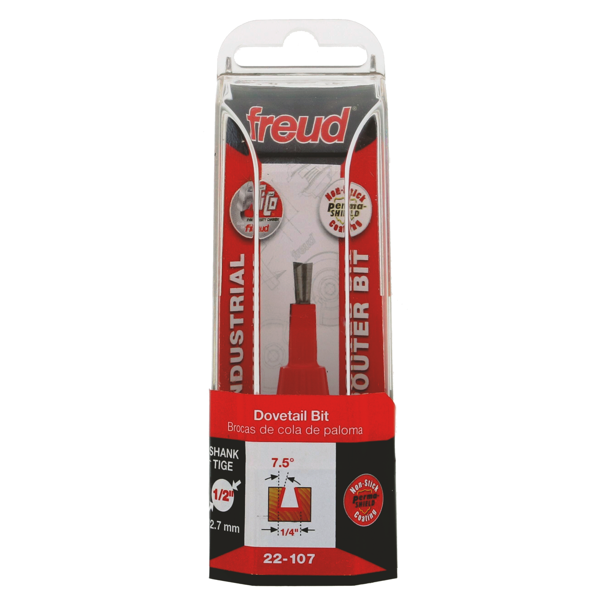 Freud 22-107 dovetail bit with red handle and metal cutting head in clear plastic clamshell packaging.