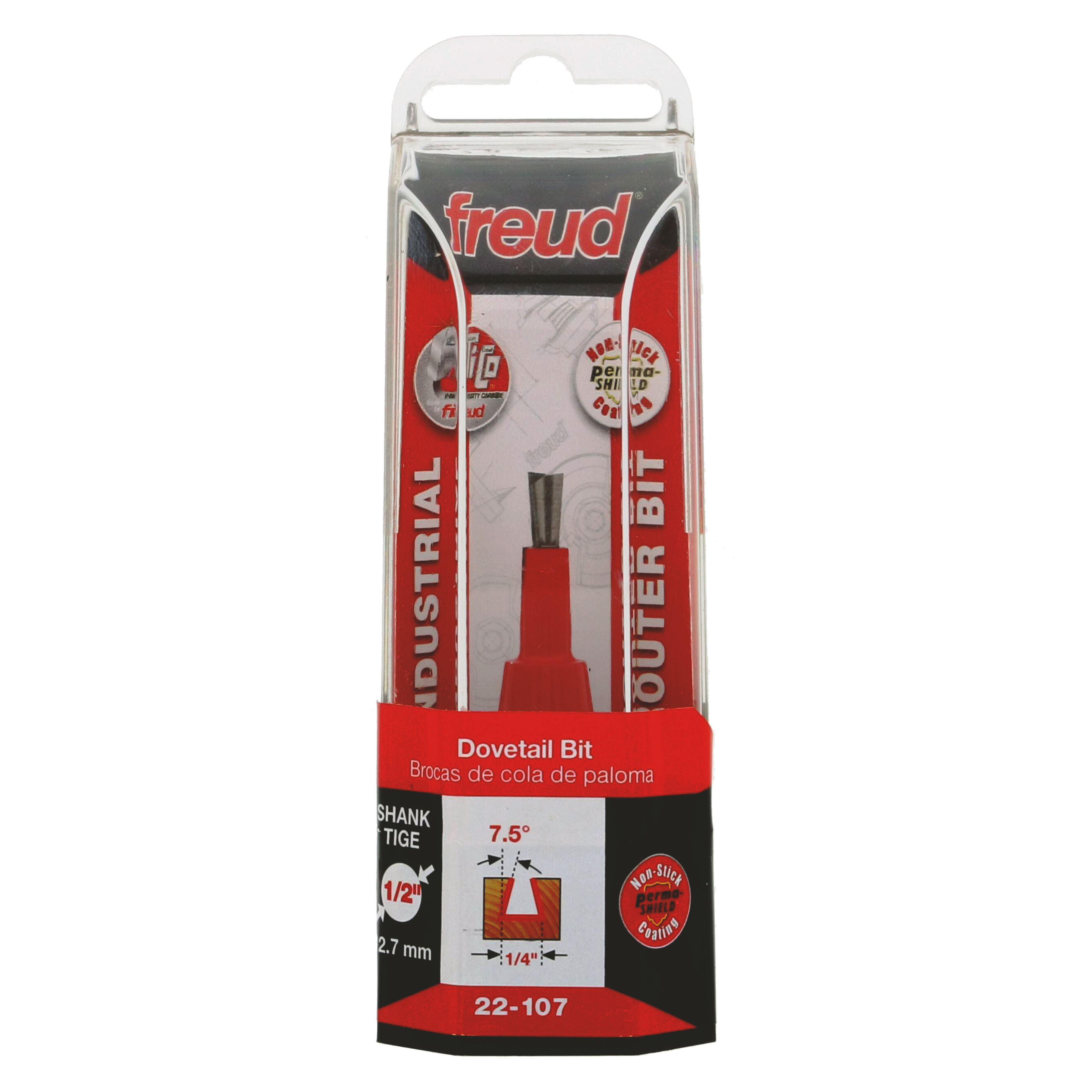 Freud 22-107 dovetail bit with red handle and metal cutting head in clear plastic clamshell packaging.