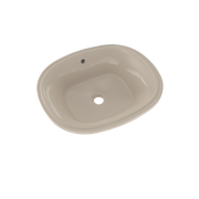 Bone-colored oval undermount bathroom sink with single faucet hole and drain opening.