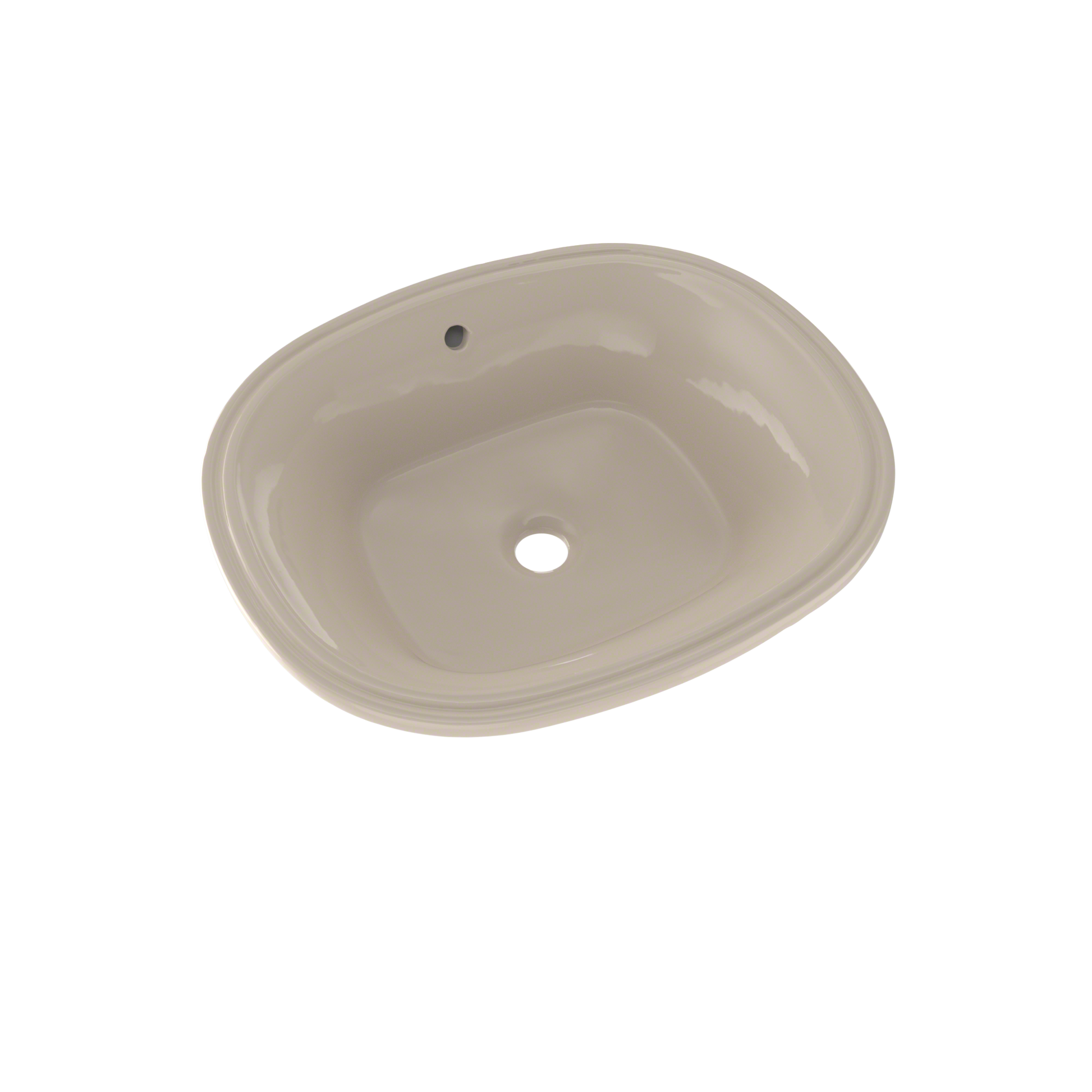 Bone-colored oval undermount bathroom sink with single faucet hole and drain opening.