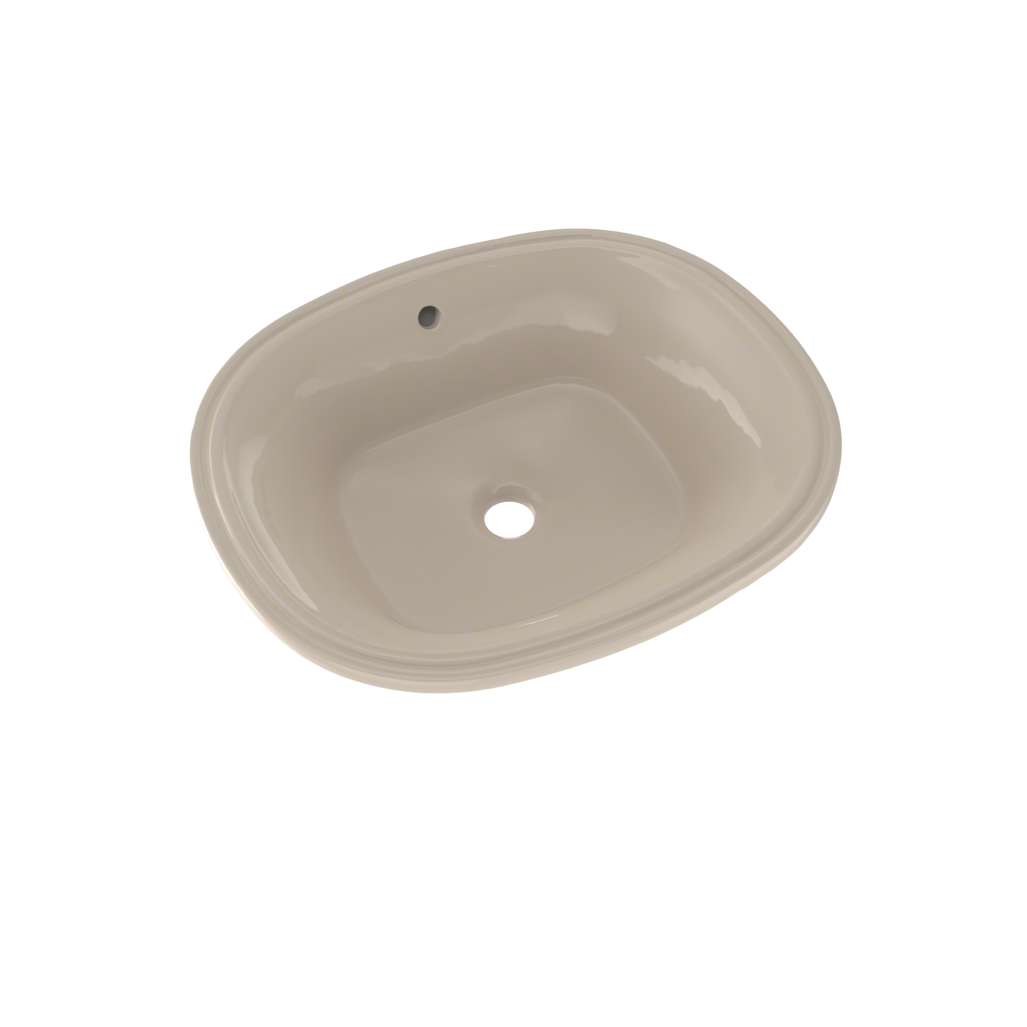 Bone-colored oval undermount bathroom sink with single faucet hole and drain opening.