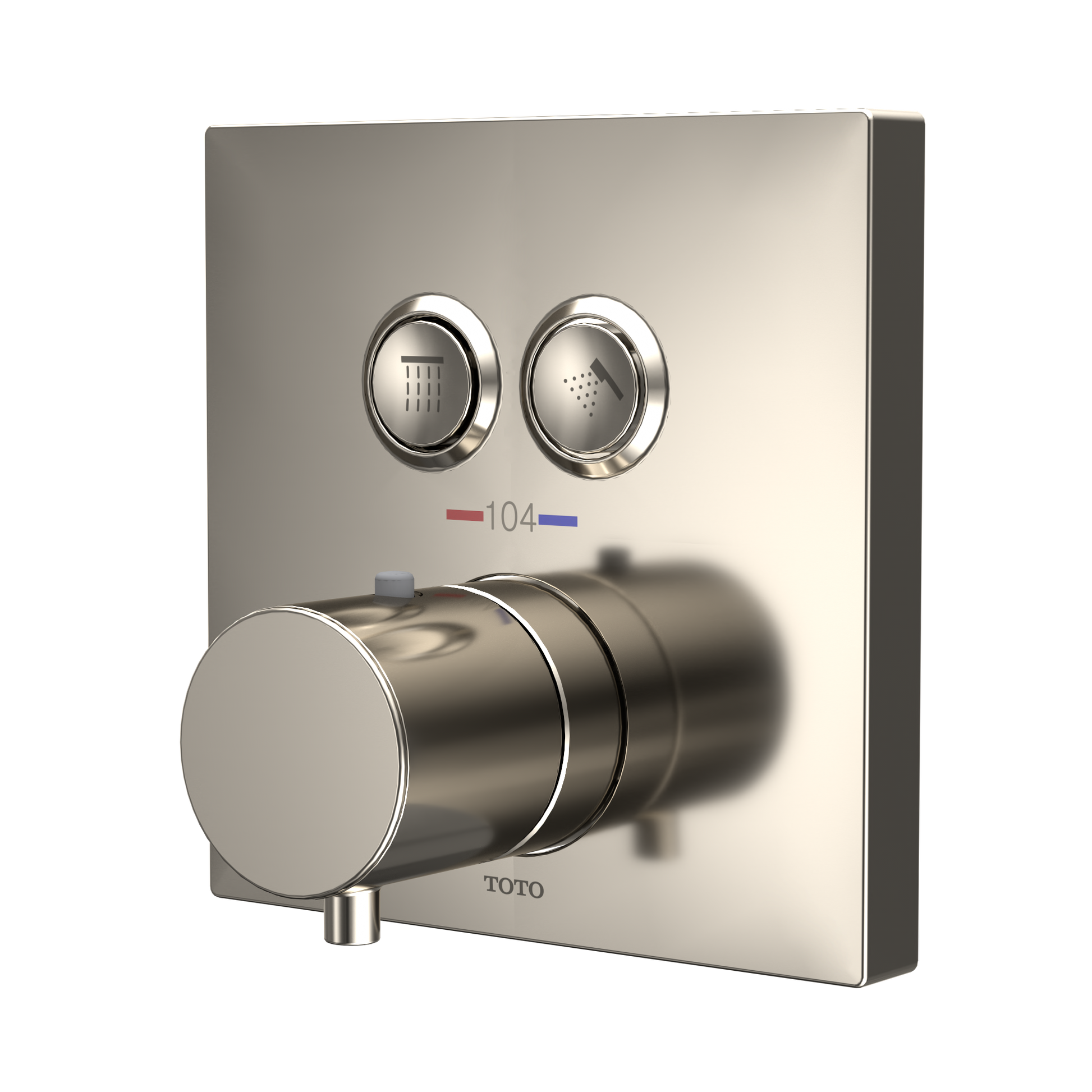 Polished nickel square thermostatic mixing valve with two circular function buttons showing shower head and rainfall icons, t