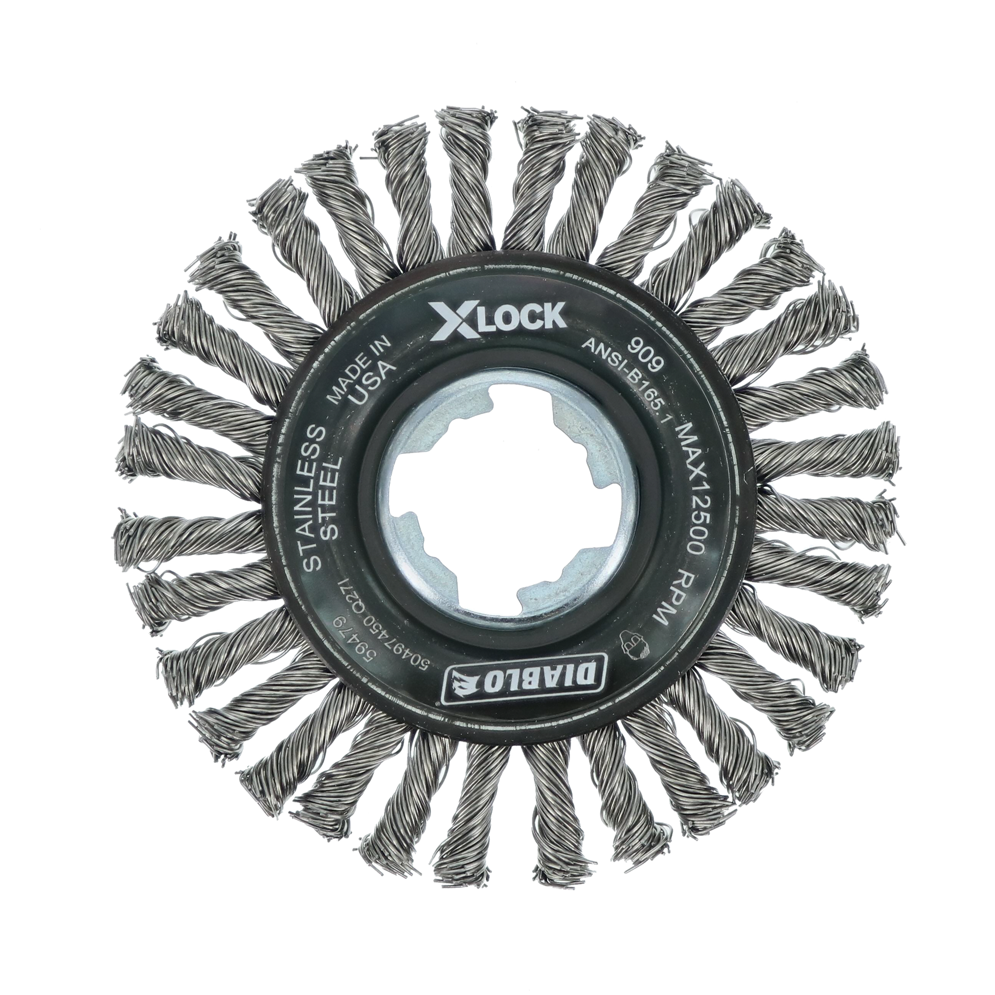 4 inch stainless steel twist wheel brush with X-LOCK mounting system and stringer bead bristles.