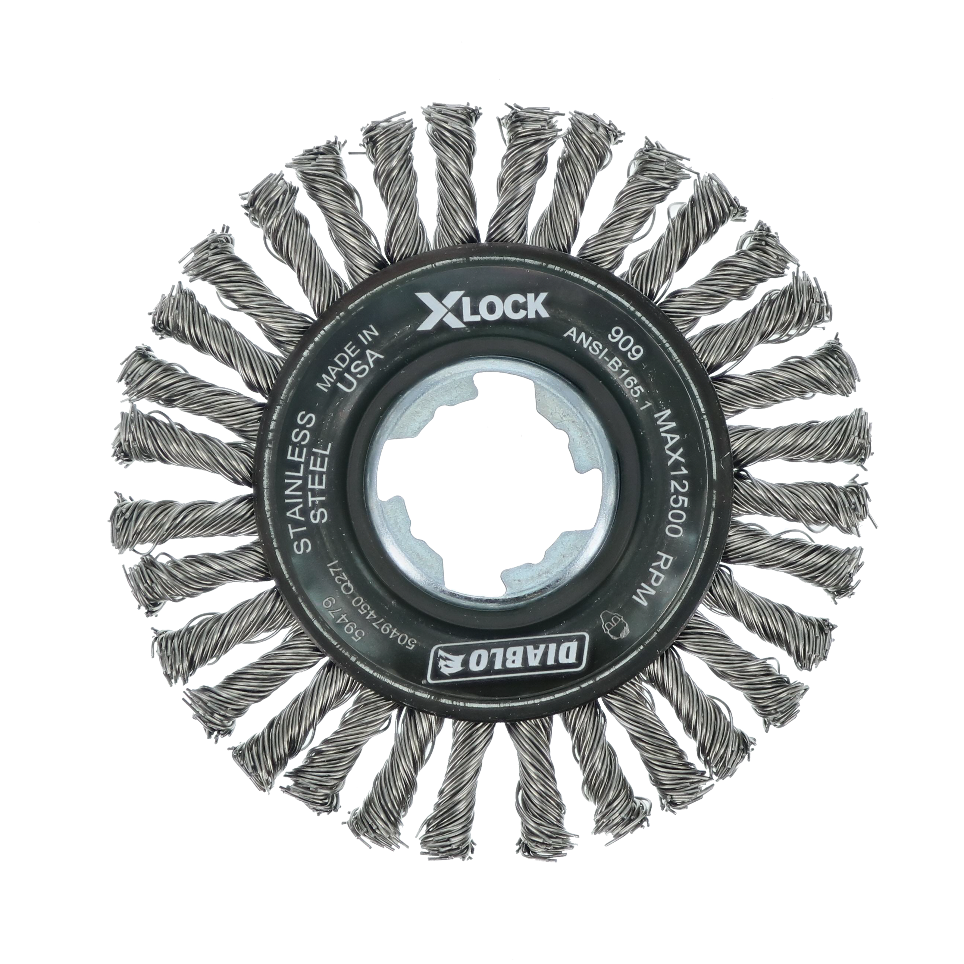 4 inch stainless steel twist wheel brush with X-LOCK mounting system and stringer bead bristles.