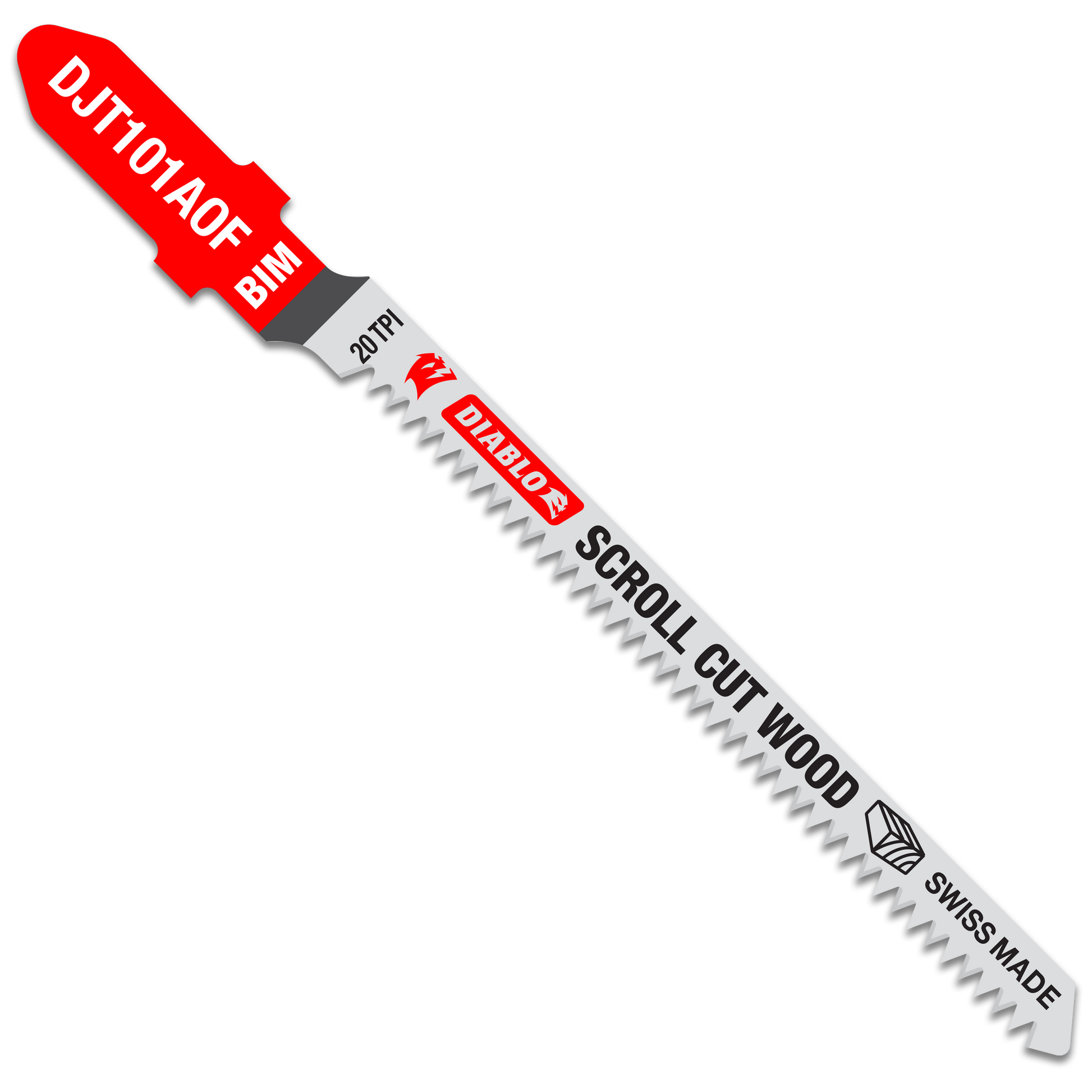 Five Diablo bi-metal T-shank jig saw blades with 20 TPI teeth for scroll cutting in wood.