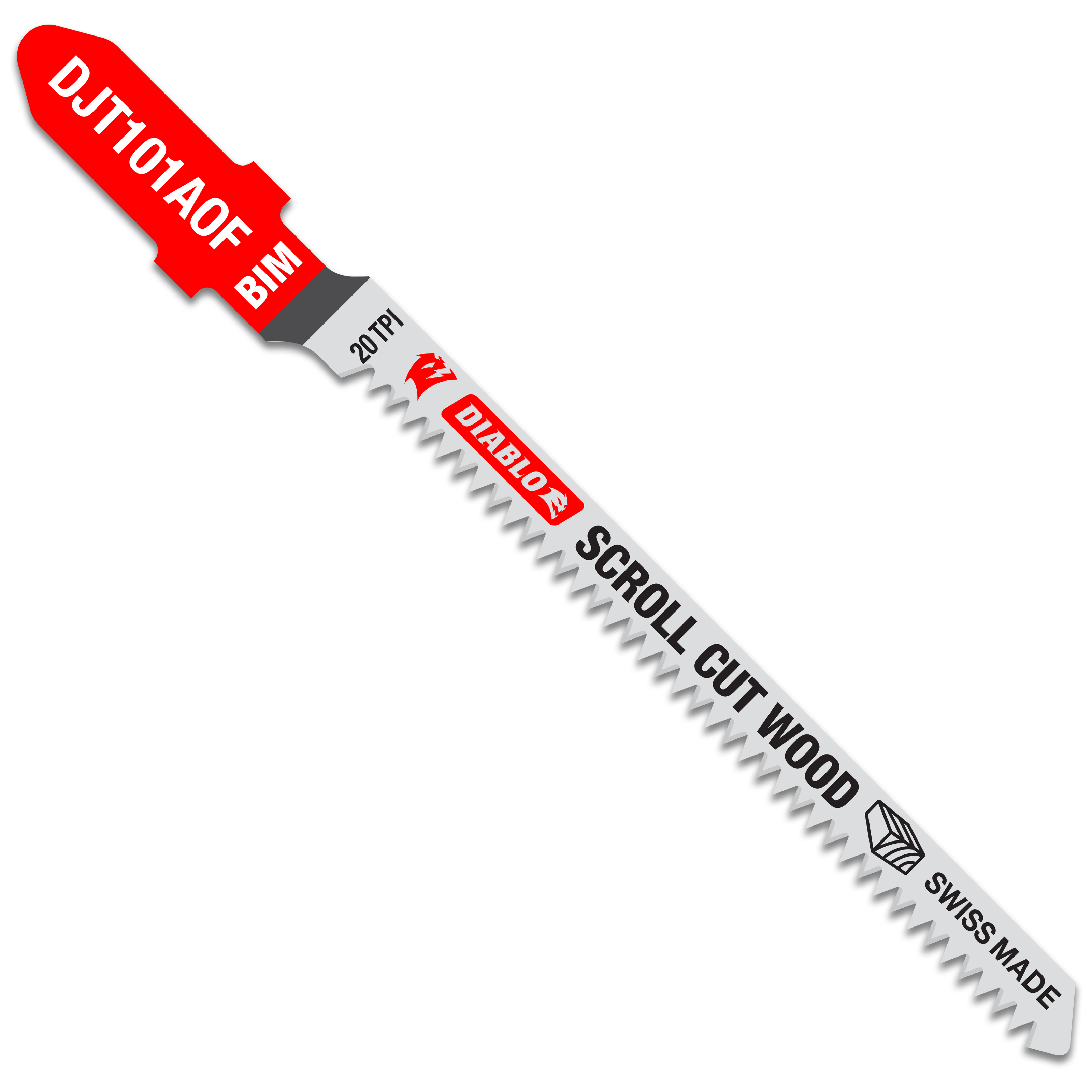 Five Diablo bi-metal T-shank jig saw blades with 20 TPI teeth for scroll cutting in wood.