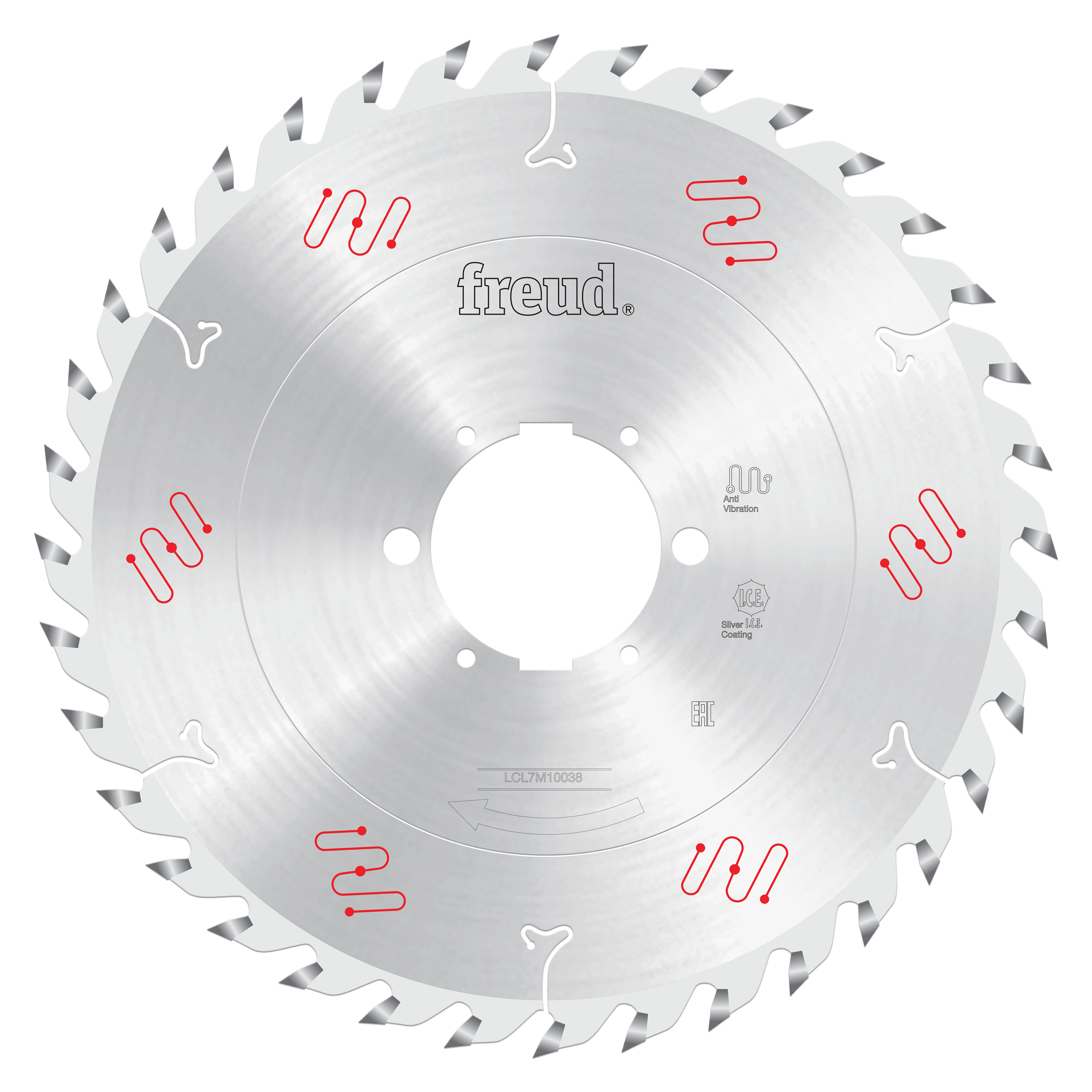 Silver circular saw blade with gray carbide teeth around perimeter and Freud branding in center.