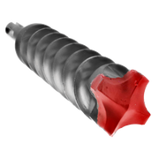 SDS-Max hammer drill bit with gray spiral flutes and red carbide cutting head.
