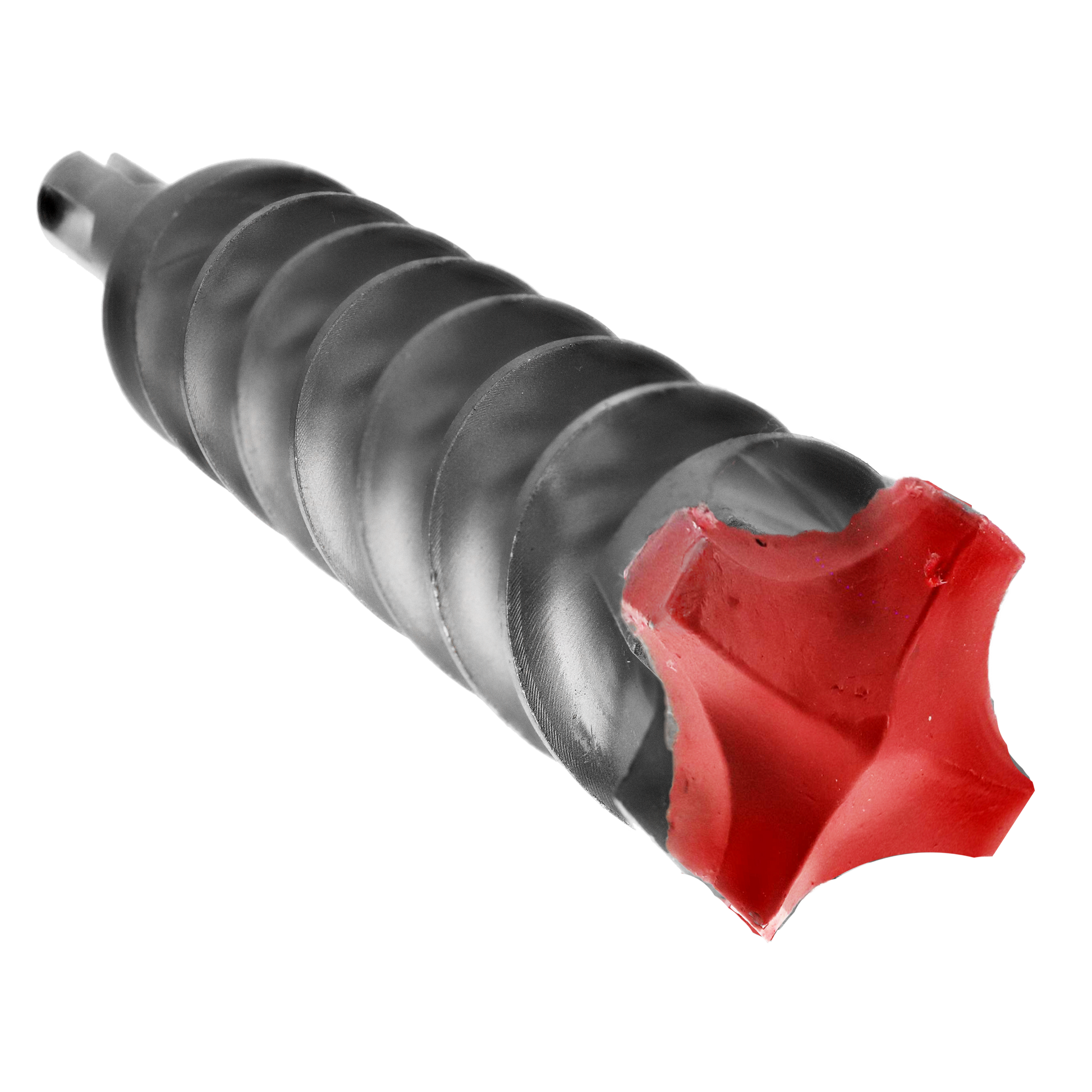 SDS-Max hammer drill bit with gray spiral flutes and red carbide cutting head.