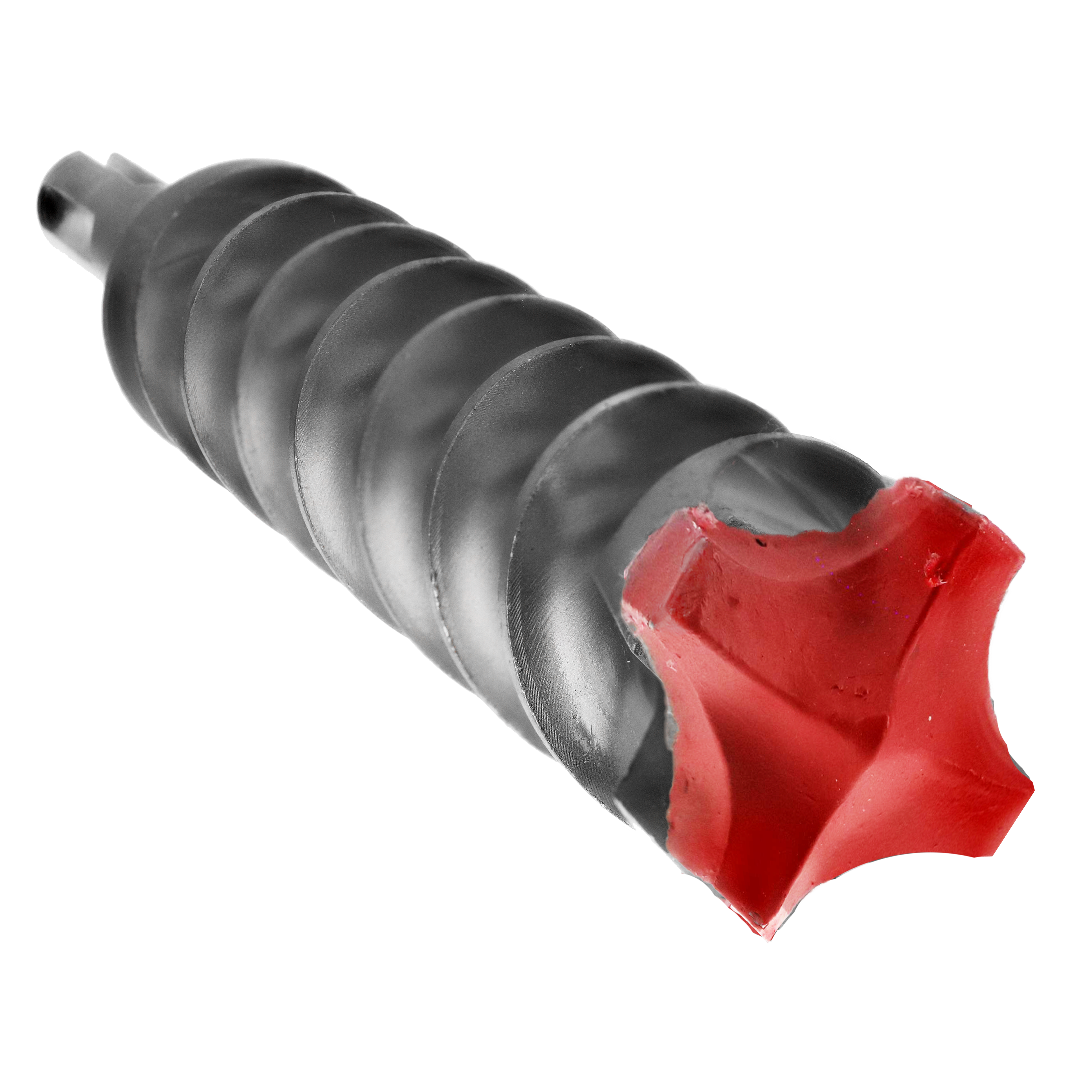 SDS-Max hammer drill bit with gray spiral flutes and red carbide cutting head.