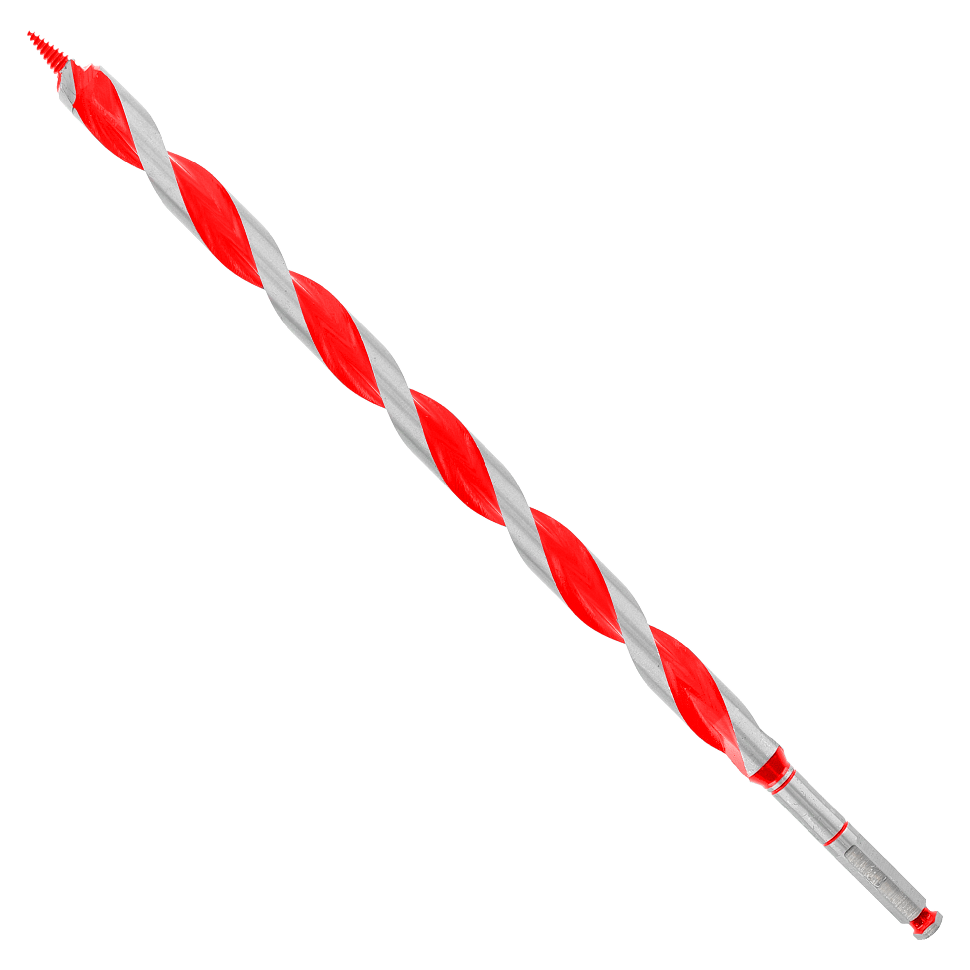 Red and gray twisted auger bit with pointed tip and metal shaft against white background.