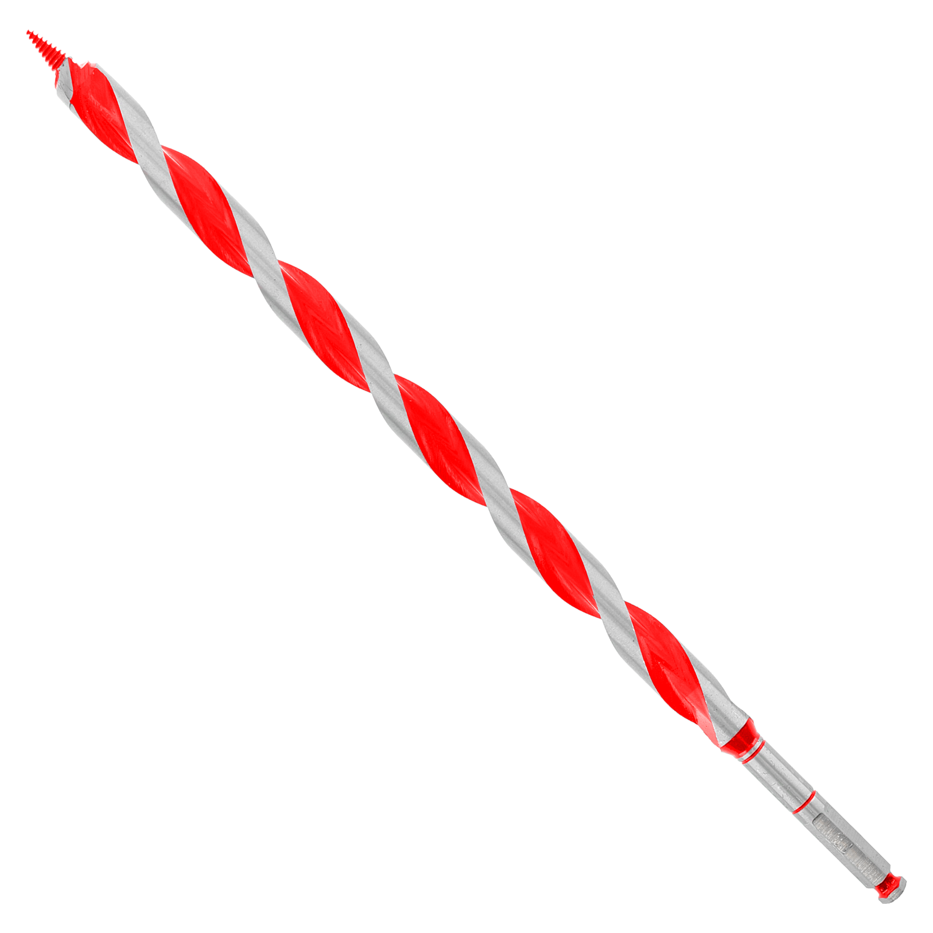 Red and gray twisted auger bit with pointed tip and metal shaft against white background.