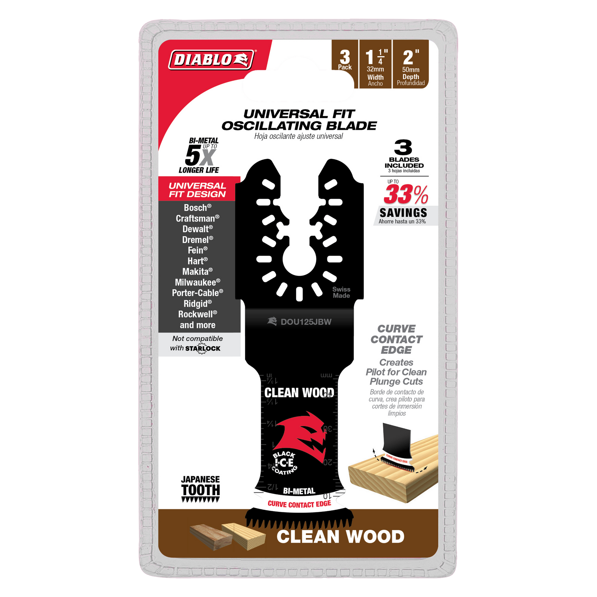 Three black bi-metal oscillating saw blades with curved edges and Japanese teeth in Diablo packaging.