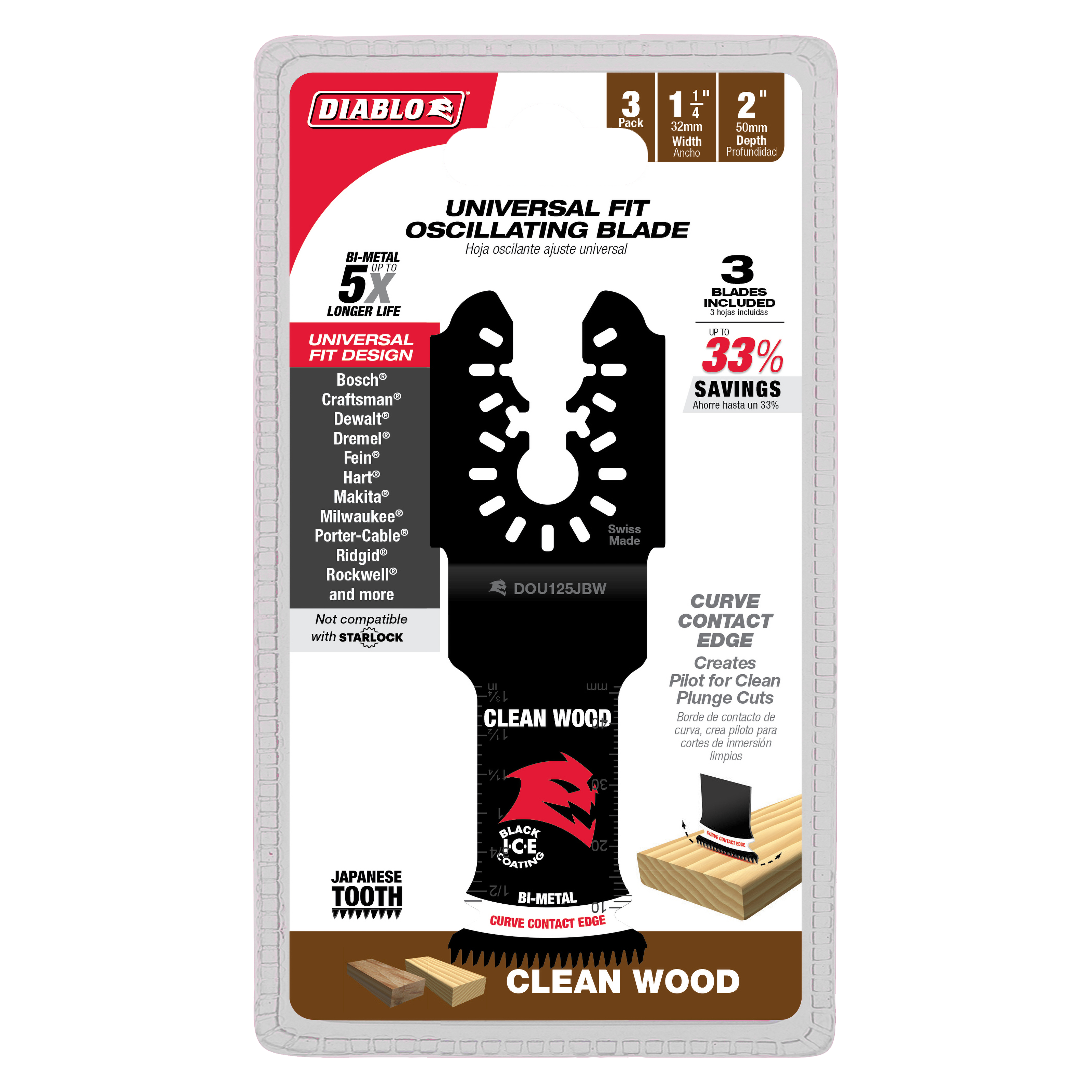 Three black bi-metal oscillating saw blades with curved edges and Japanese teeth in Diablo packaging.