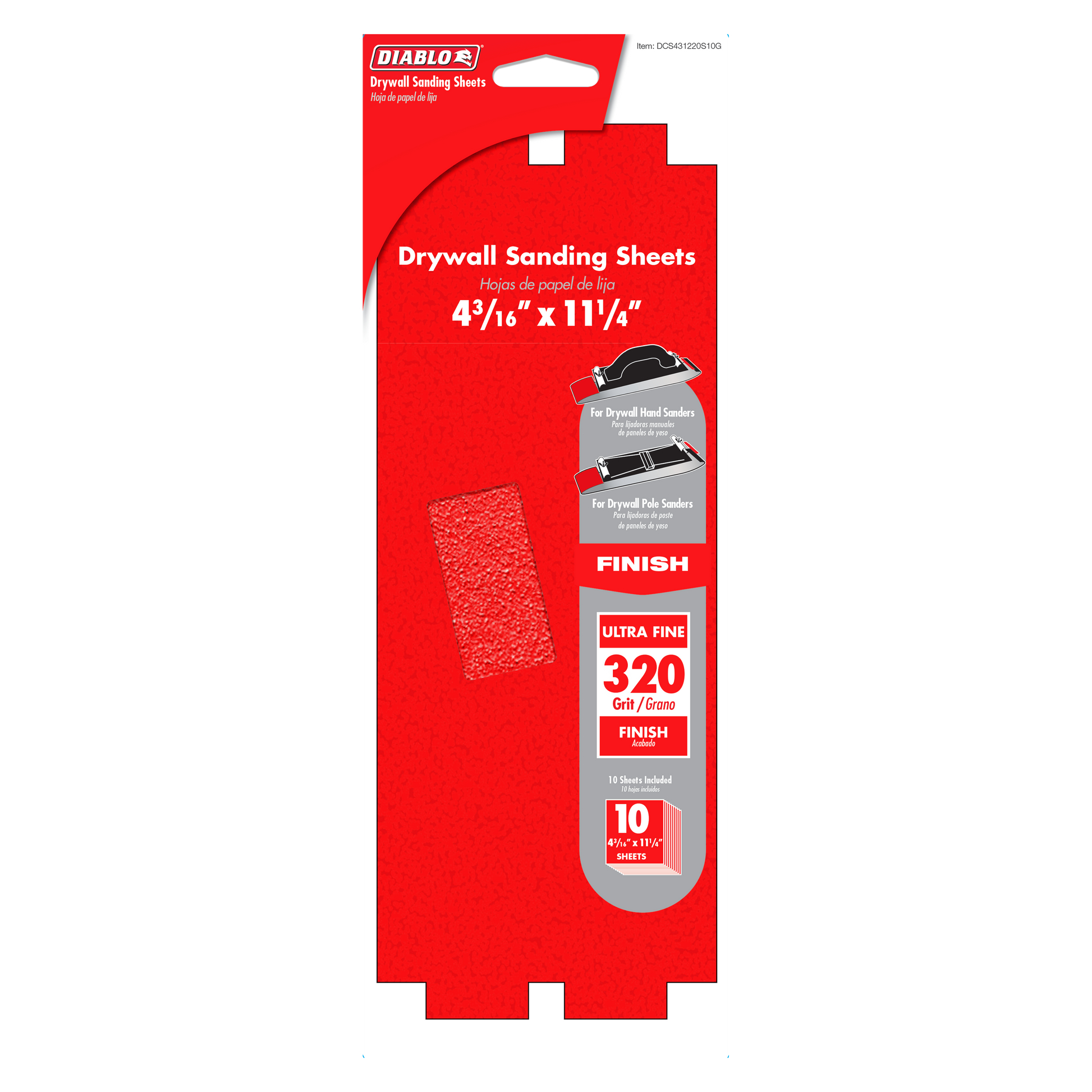Diablo 320-grit drywall sanding sheets package with 10 sheets, 4-3/16 in. x 11-1/4 in. size.
