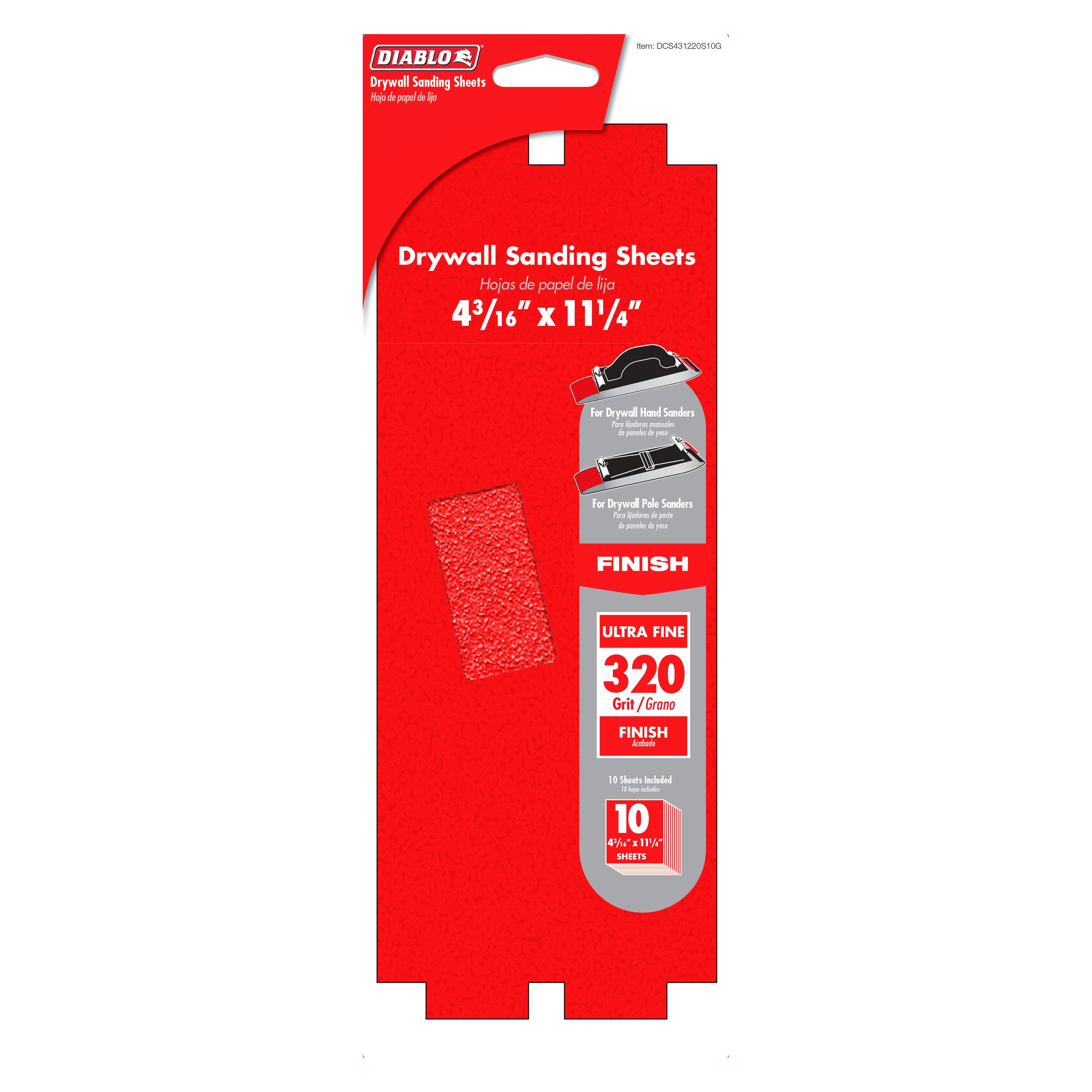 Diablo 320-grit drywall sanding sheets package with 10 sheets, 4-3/16 in. x 11-1/4 in. size.