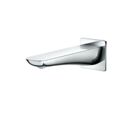 Polished chrome wall-mounted tub spout with curved spout and rectangular escutcheon plate.