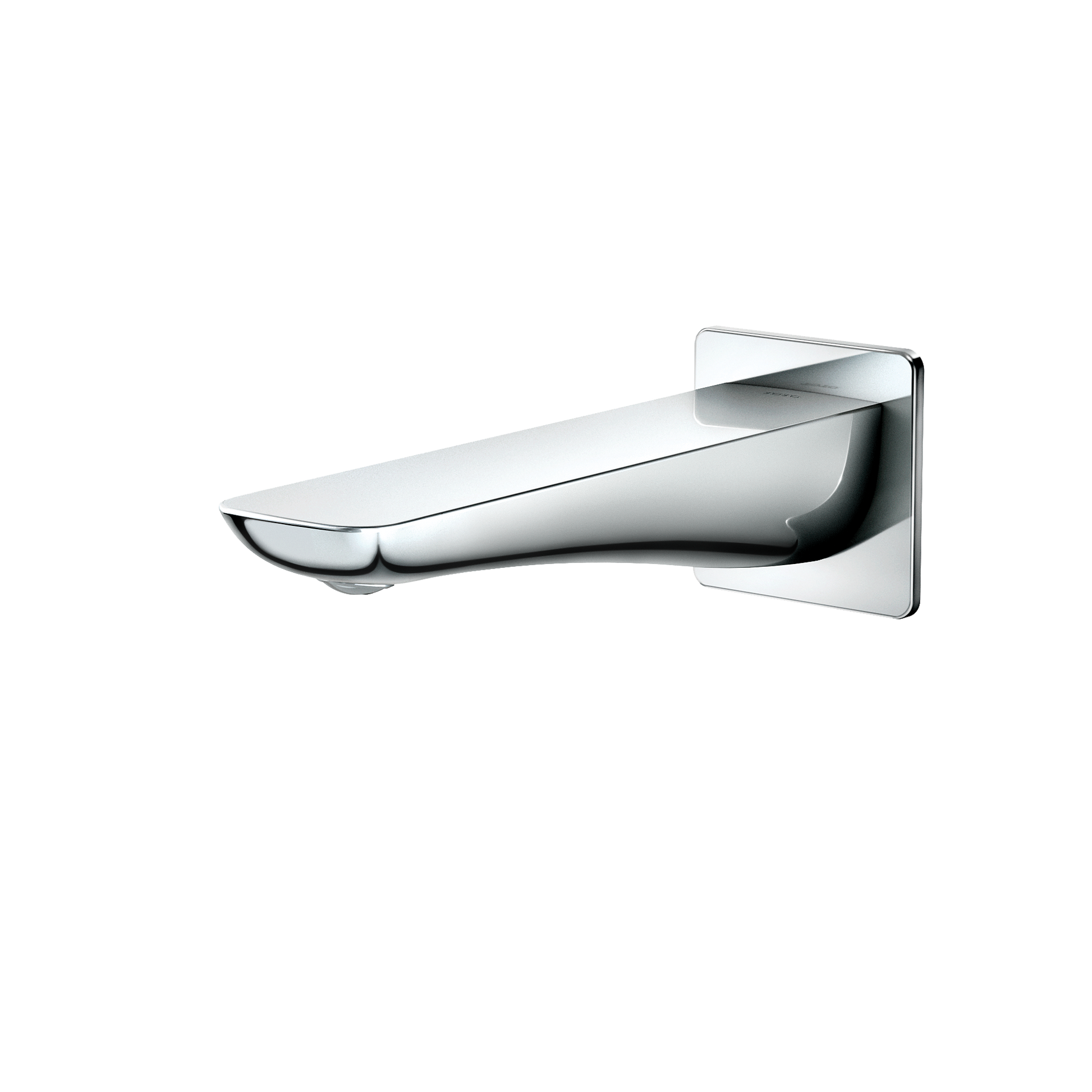Polished chrome wall-mounted tub spout with curved spout and rectangular escutcheon plate.