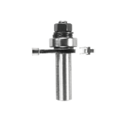 Slotting cutter router bit with cylindrical steel shaft, hex nut collar, and two small cutting blades extending horizontally.