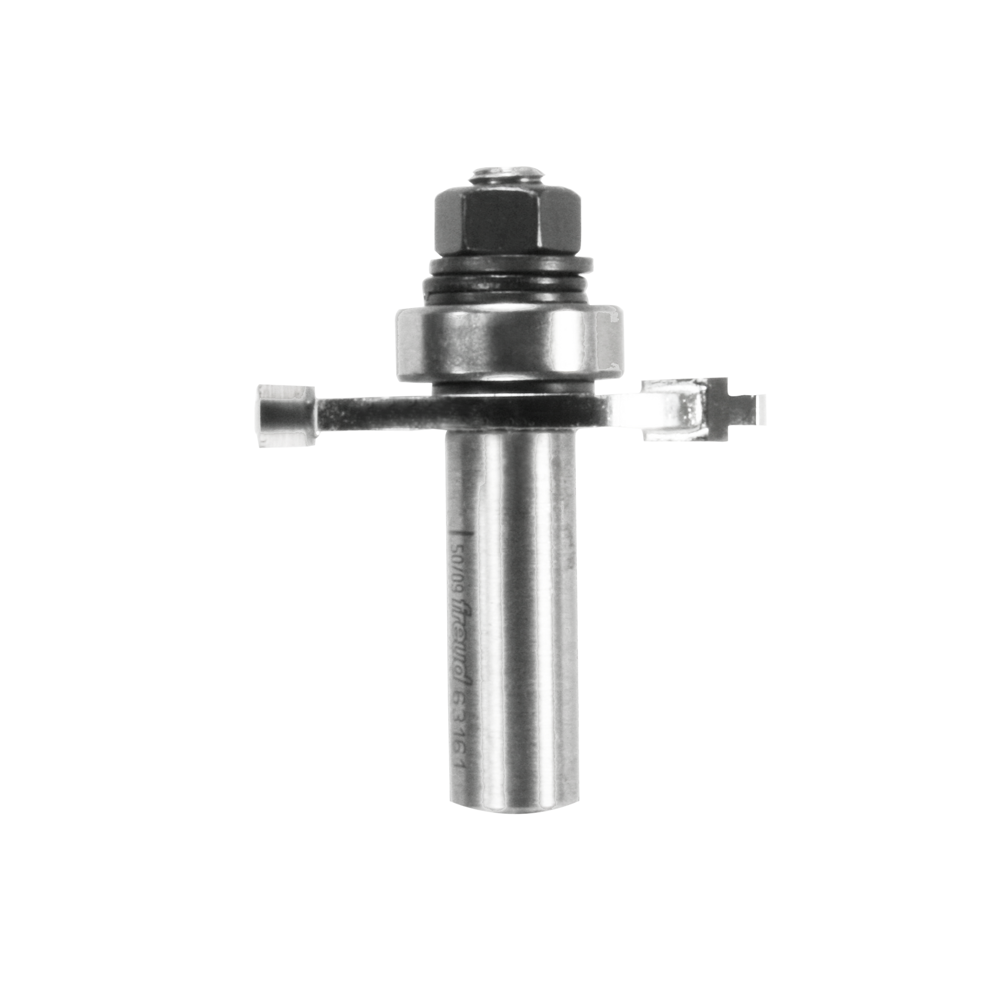 Slotting cutter router bit with cylindrical steel shaft, hex nut collar, and two small cutting blades extending horizontally.