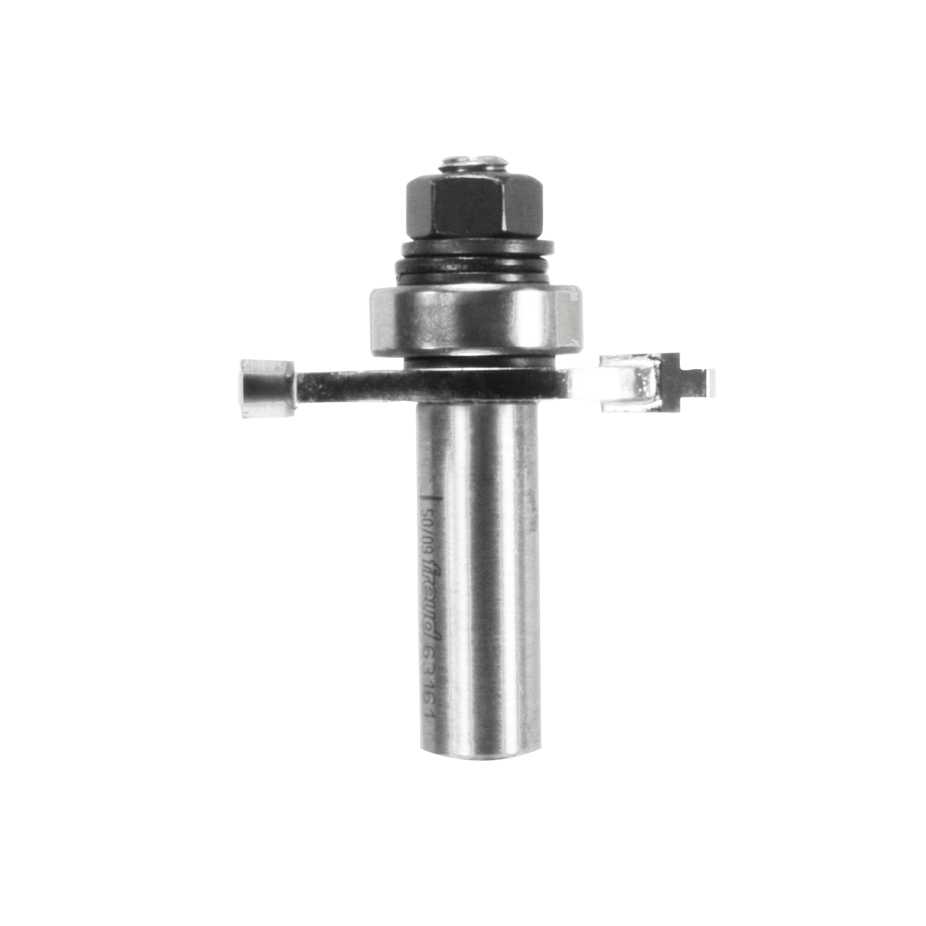 Slotting cutter router bit with cylindrical steel shaft, hex nut collar, and two small cutting blades extending horizontally.