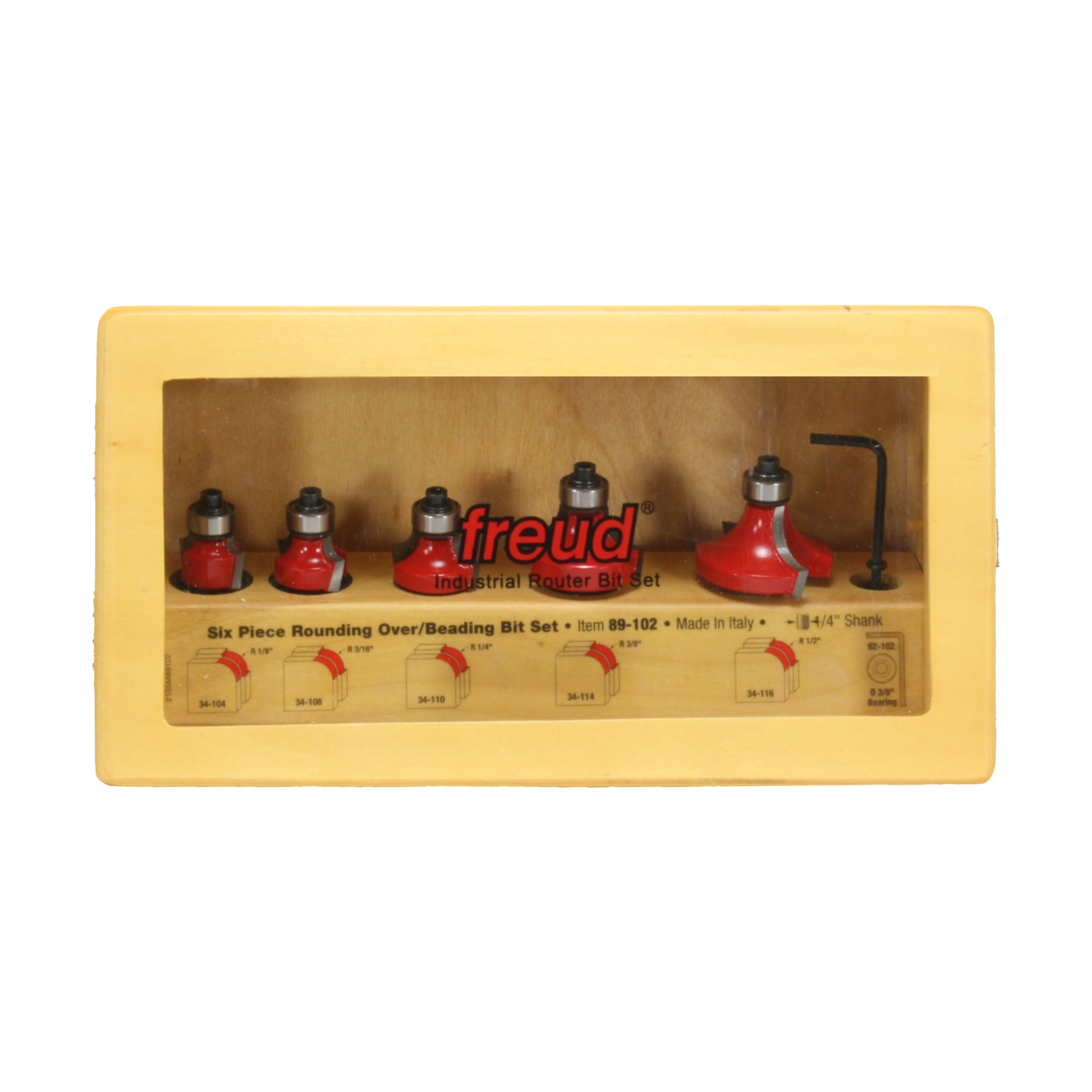 Five red round over and beading router bits with 1/4" shanks in yellow Freud storage case.