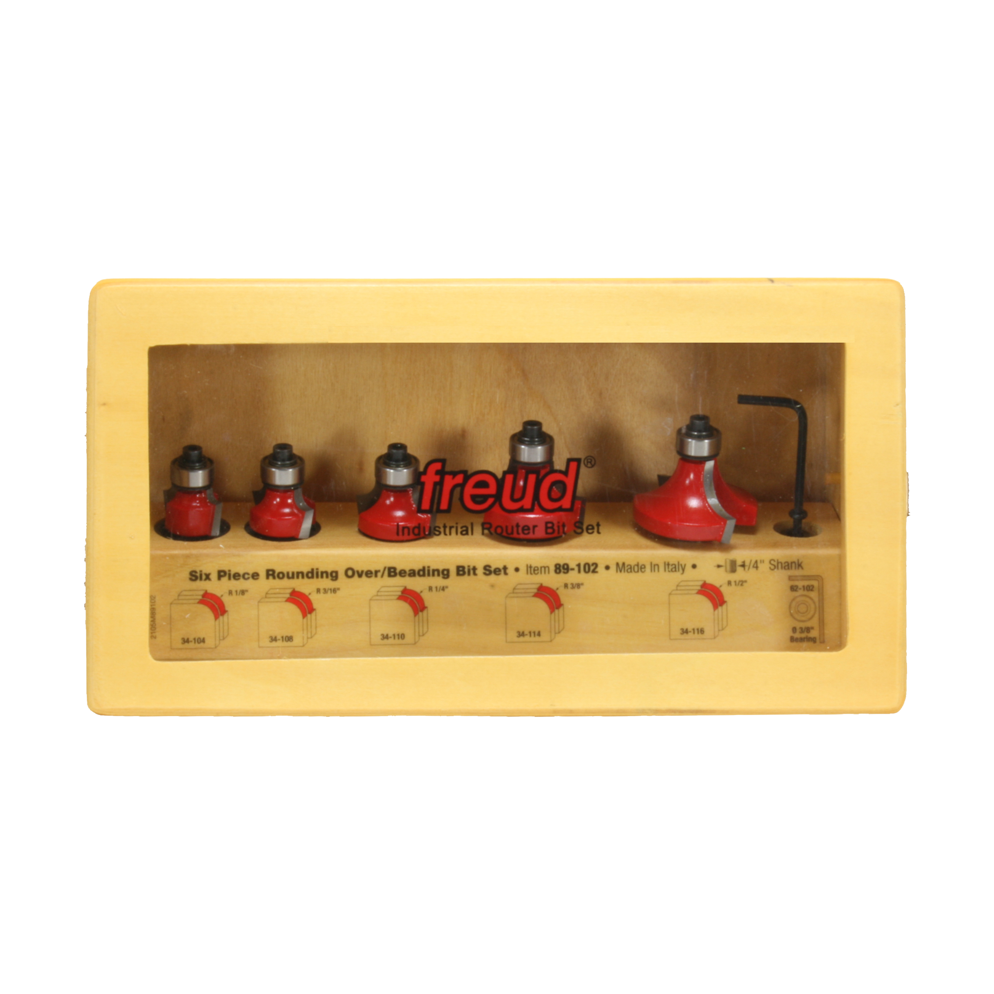 Five red round over and beading router bits with 1/4" shanks in yellow Freud storage case.