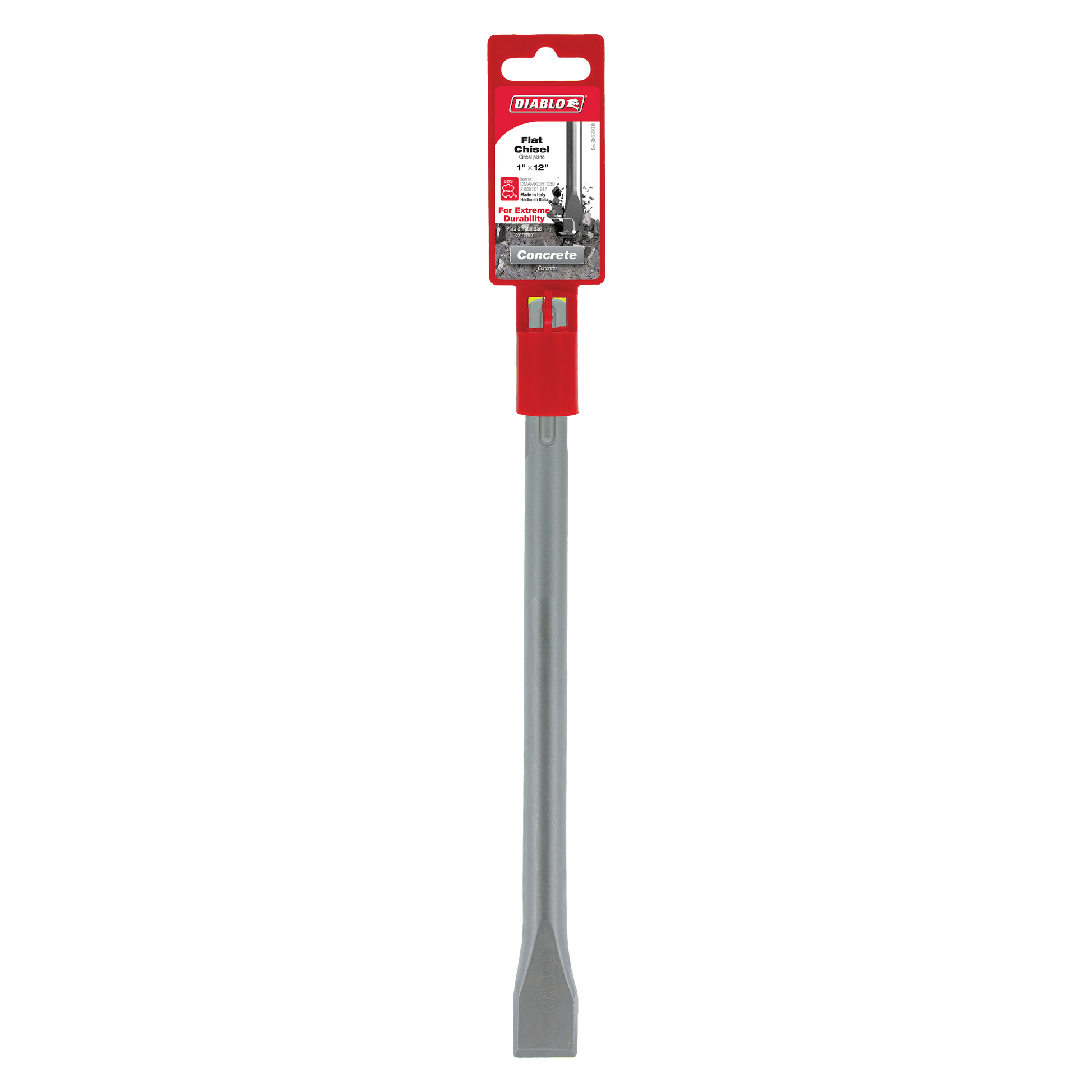 Diablo flat chisel with red handle and gray metal shaft, SDS-Max connection, 1 inch wide by 12 inch long.