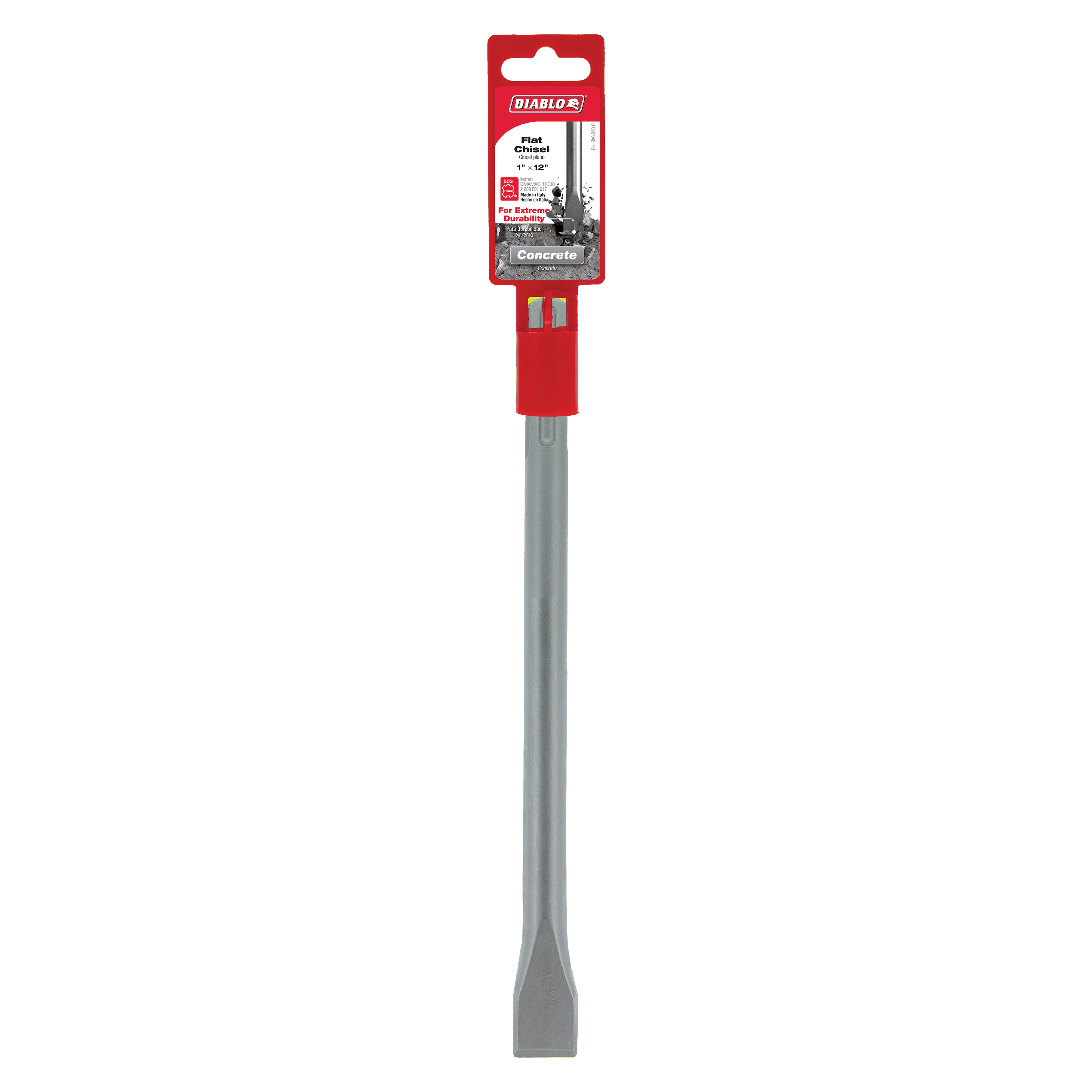 Diablo flat chisel with red handle and gray metal shaft, SDS-Max connection, 1 inch wide by 12 inch long.
