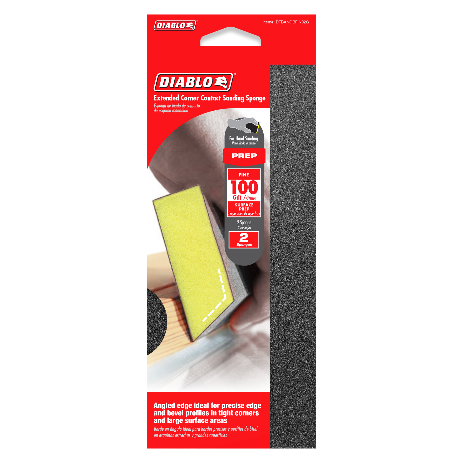 Two rectangular sanding sponges with yellow and gray sides, featuring angled corners for edge work, packaged in red Diablo br