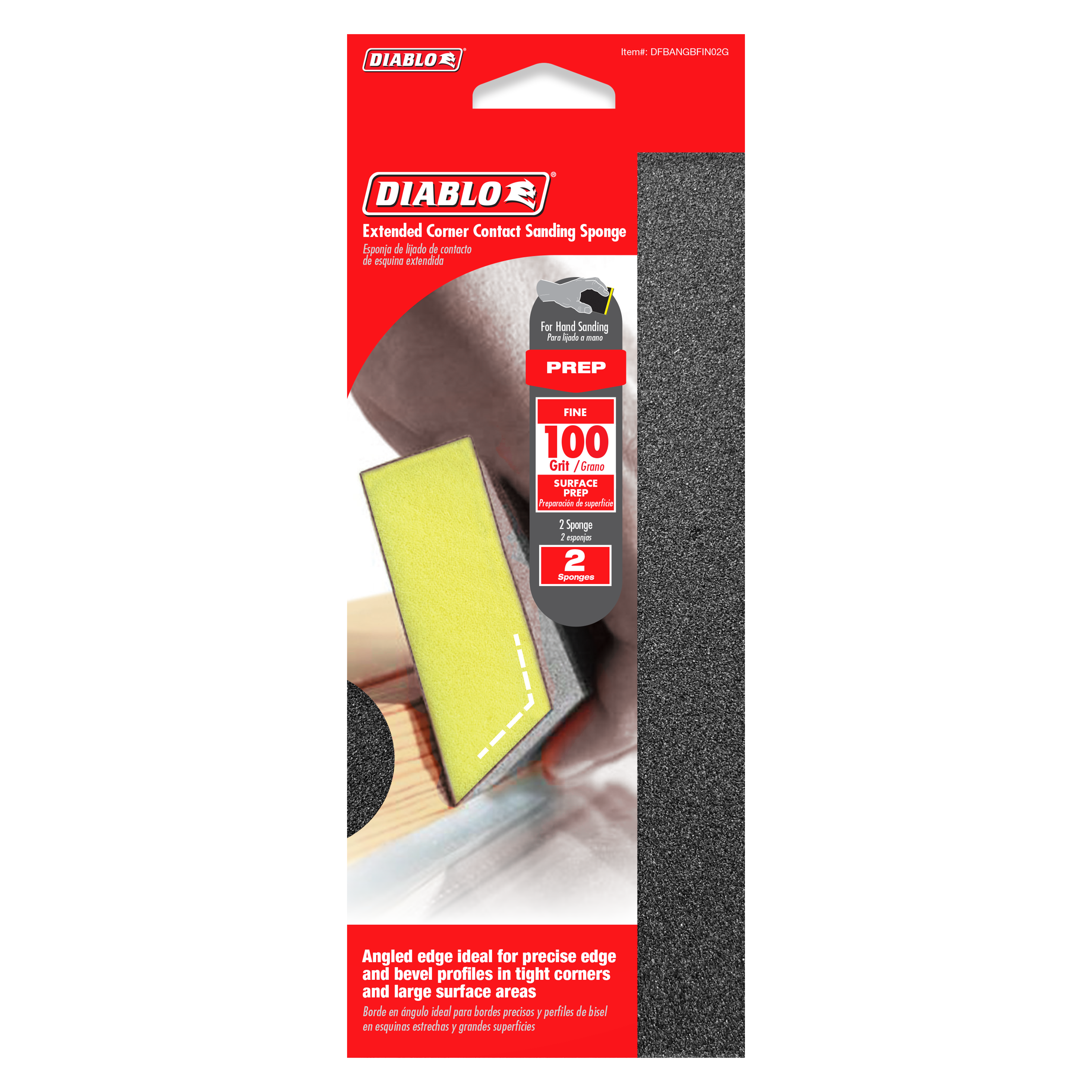 Two rectangular sanding sponges with yellow and gray sides, featuring angled corners for edge work, packaged in red Diablo br