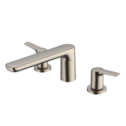 Brushed nickel two-handle deck-mount Roman tub filler with curved spout and lever handles.