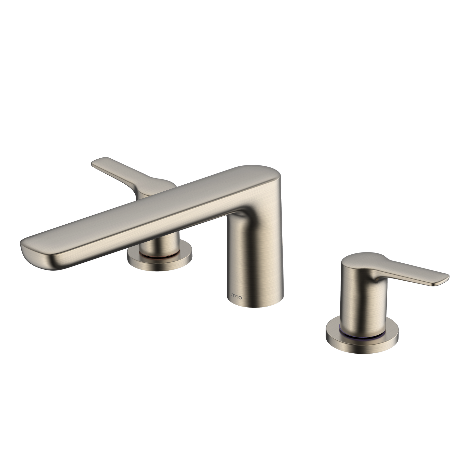 Brushed nickel two-handle deck-mount Roman tub filler with curved spout and lever handles.