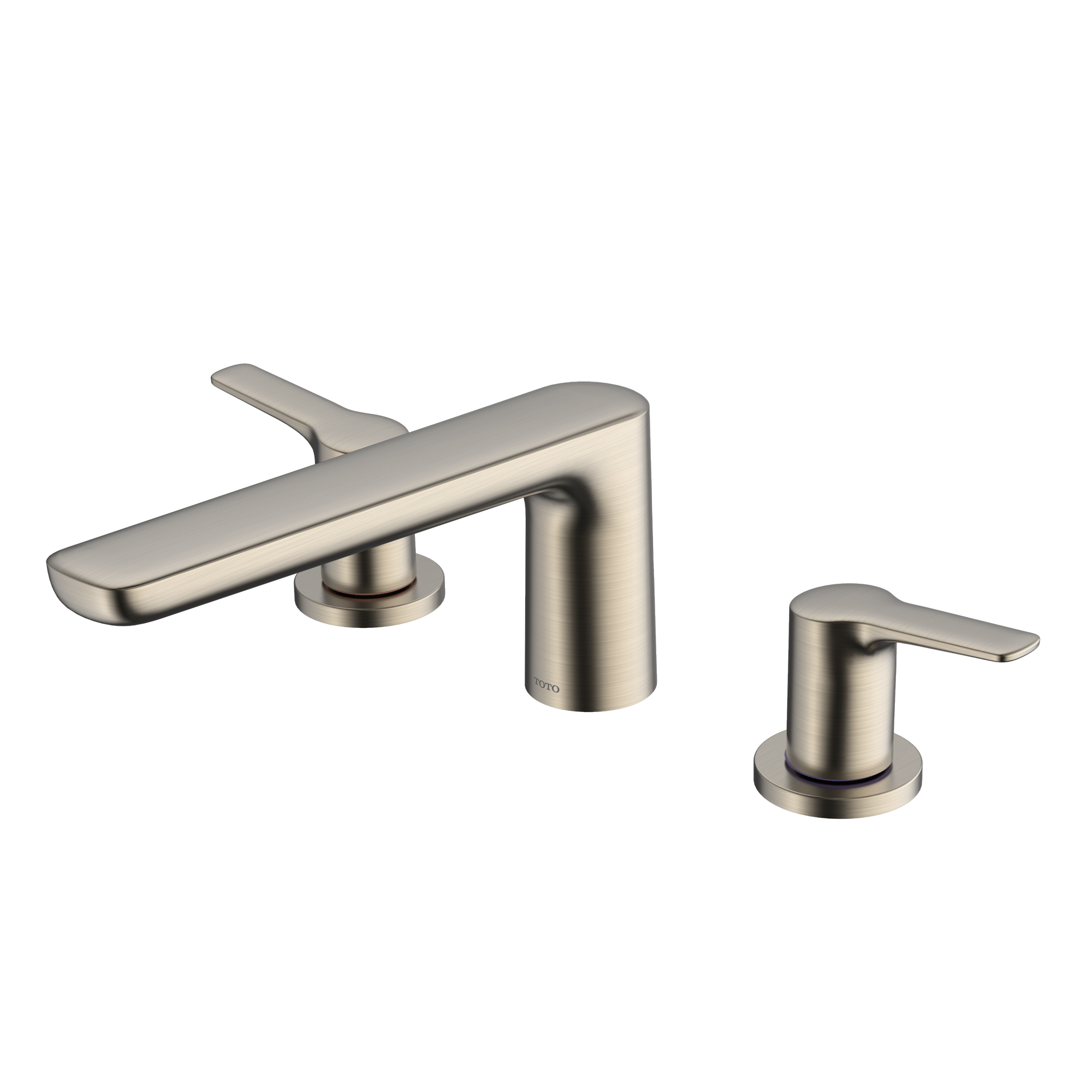 Brushed nickel two-handle deck-mount Roman tub filler with curved spout and lever handles.