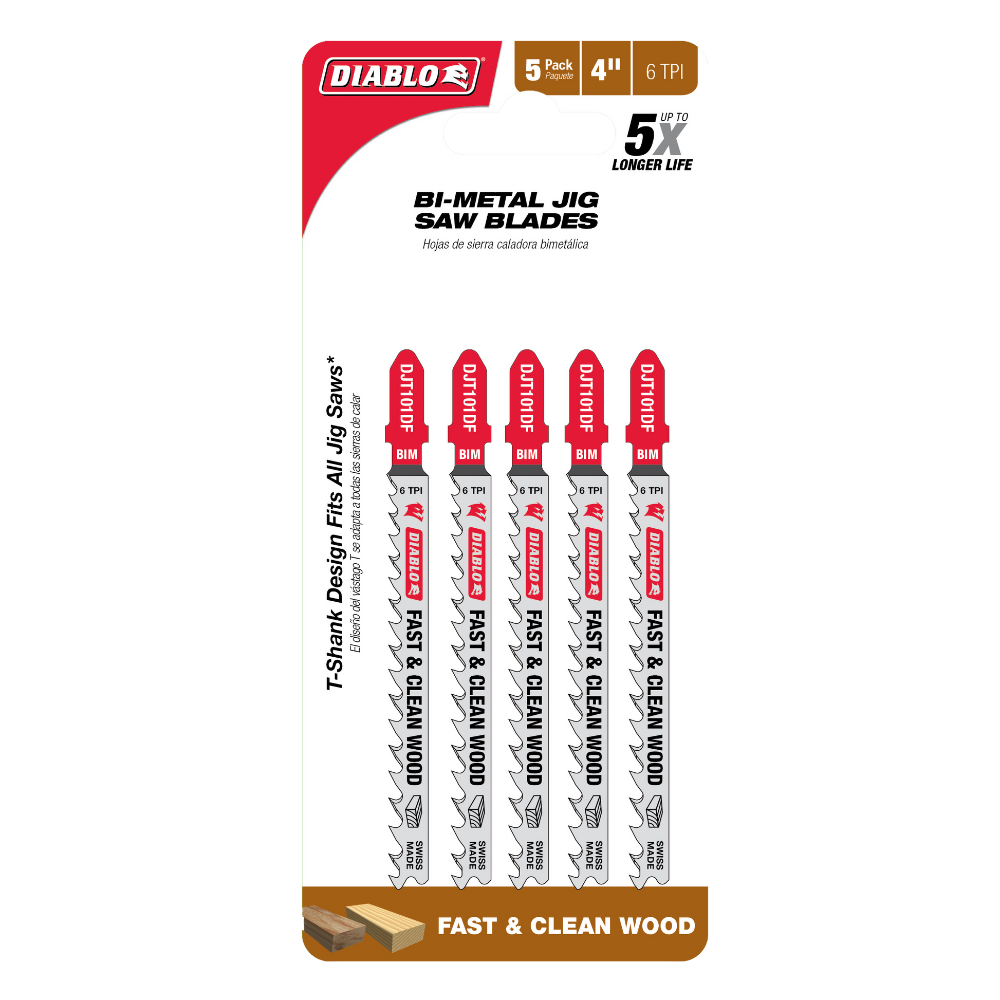 Five Diablo bi-metal jig saw blades, 4 inches long with 6 teeth per inch, in red and black packaging.