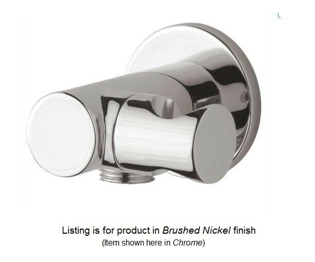 Brushed nickel wall-mounted water outlet with cylindrical spout and hook attachment.